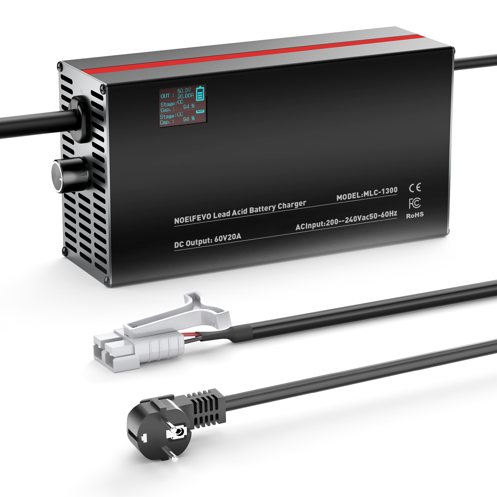 NOEIFEVO 48V 2A-20A Strømadjusterbart Batterilader for Blysyrebatterier, AGM, Gel, Golfbatterilader, LED-skjerm