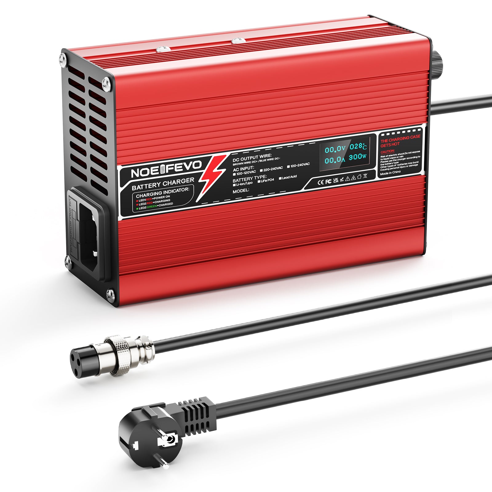 NOEIFEVO 29.4V 2A 3A 4A 5A Lithium-Ladegerät für 7S 25.9V Li-Ion Lipo-Batterien,Kühlventilator, automatischer Abschaltung（RED）