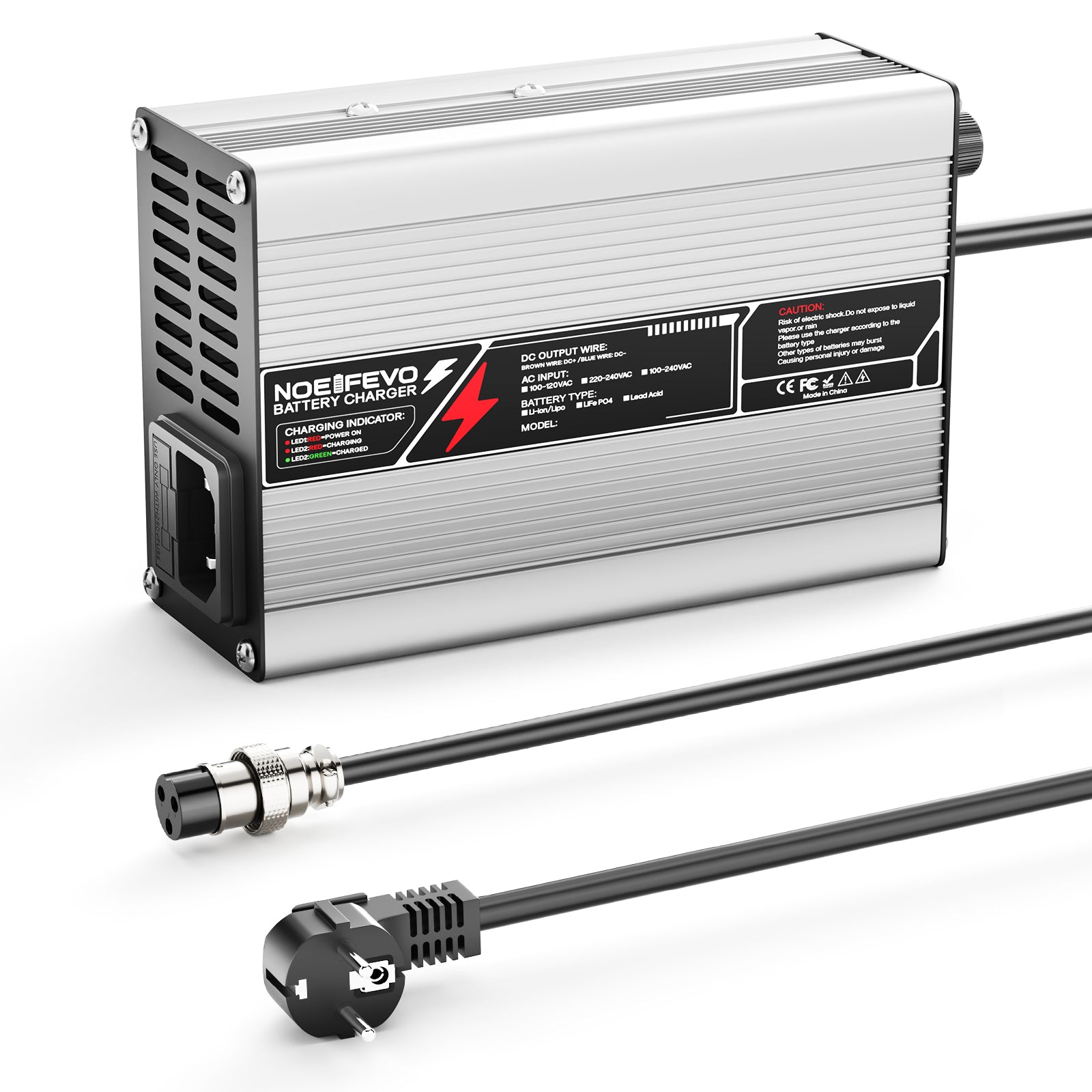 NOEIFEVO 29.4V  2A 3A 4A 5A Lithium-oplader til 7S 25.9V Li-Ion Lipo-batterier, med køleventilator og automatisk slukning.