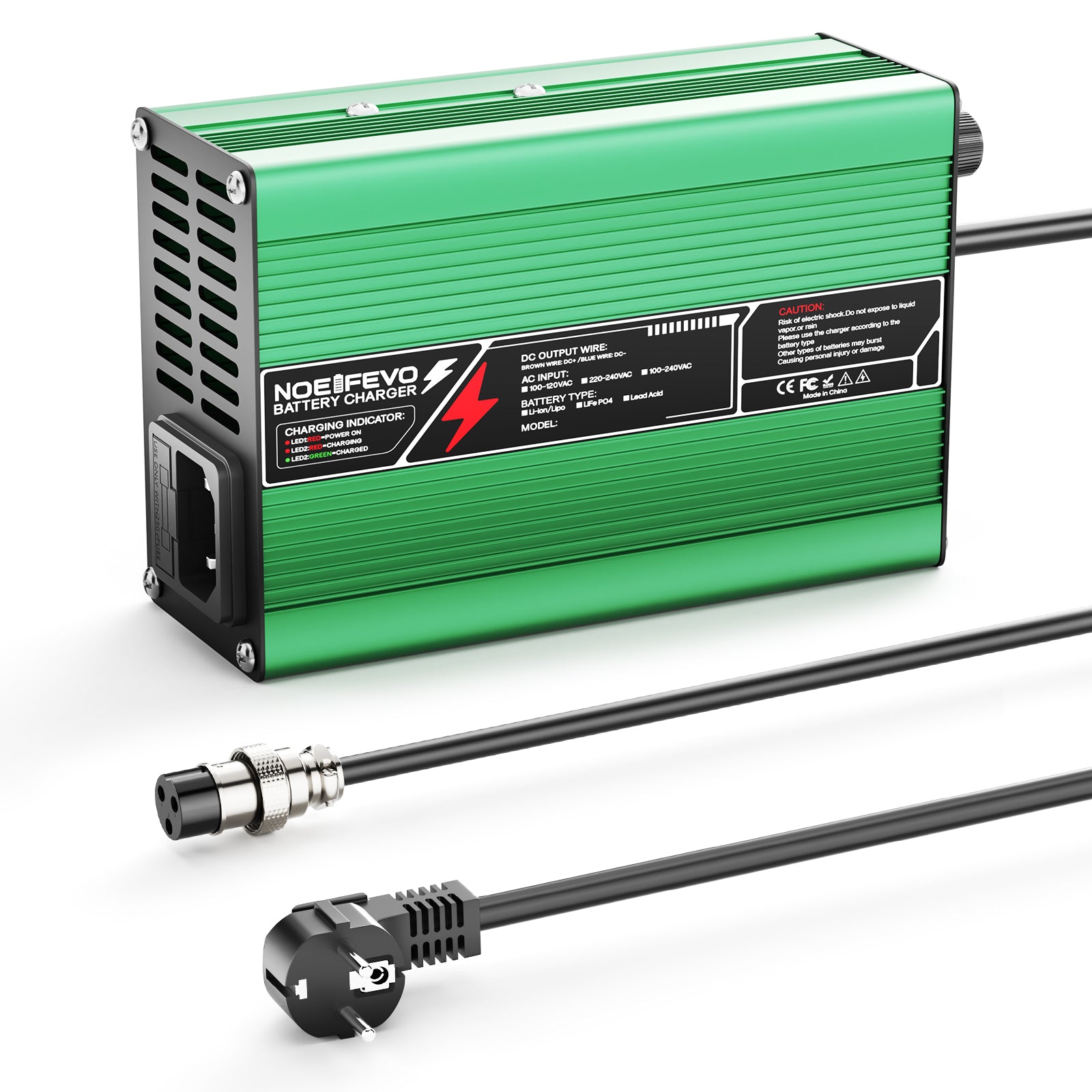 NOEIFEVO מטען ליתיום 21V  2A 3A 4A 5A עבור סוללות 5S 18.5V Li-Ion Lipo, מאוורר קירור, כיבוי אוטומטי (ירוק).