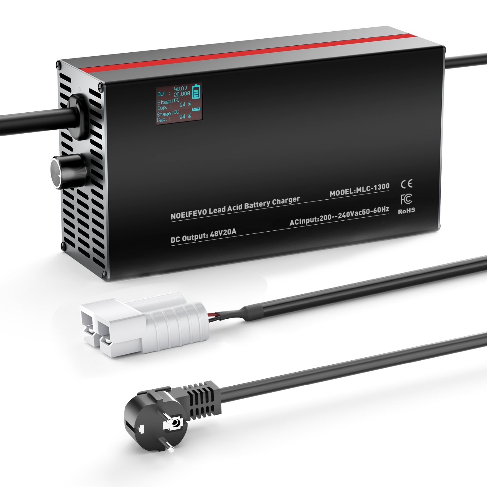 NOEIFEVO 48V 2A-20A Strømadjusterbart Batterilader for Blysyrebatterier, AGM, Gel, Golfbatterilader, LED-skjerm