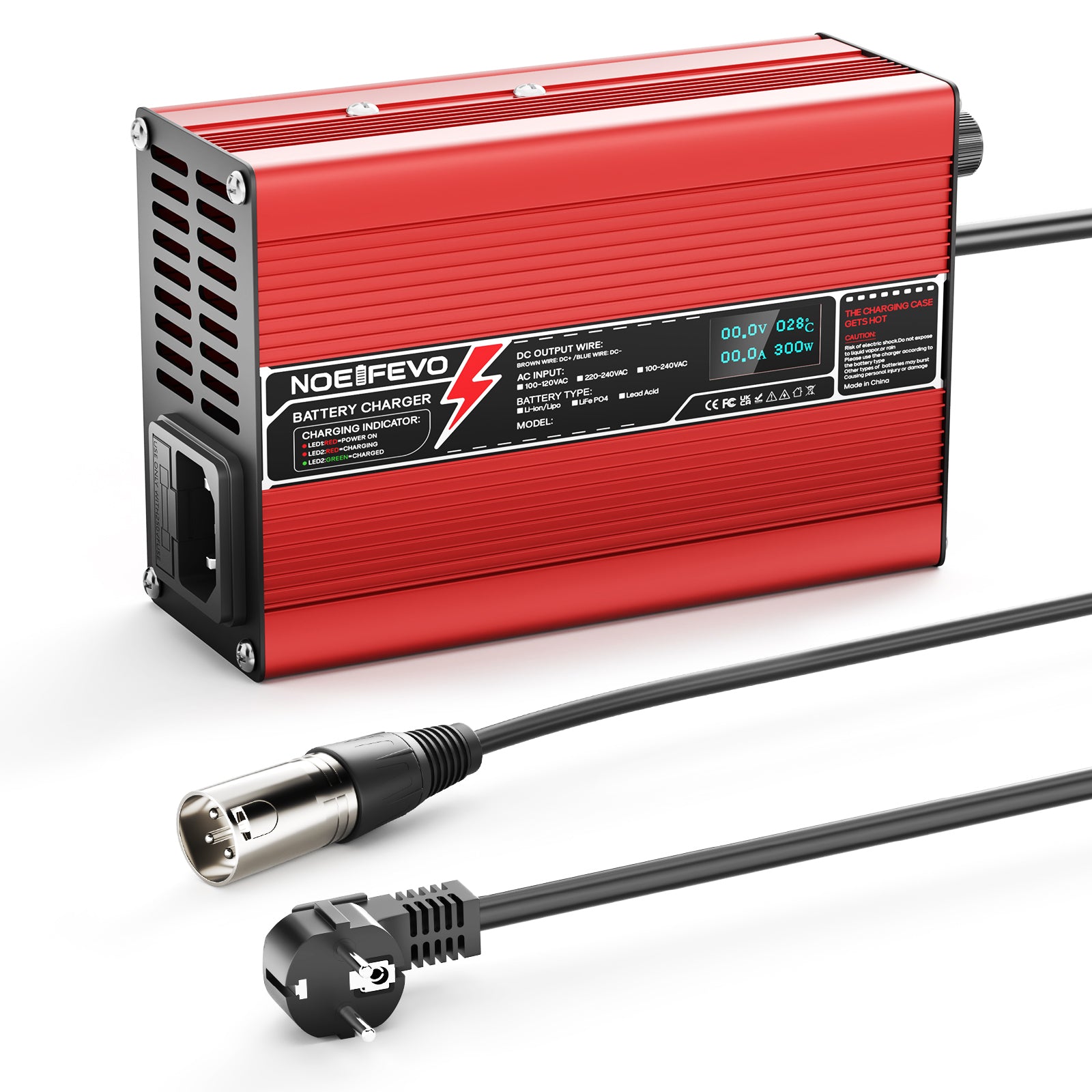 NOEIFEVO 50.4V 2A 2.5A 3A Lithium-lader til 12S 44.4V Li-Ion Lipo-batterier, med køleventilator, automatisk slukning (RØD)