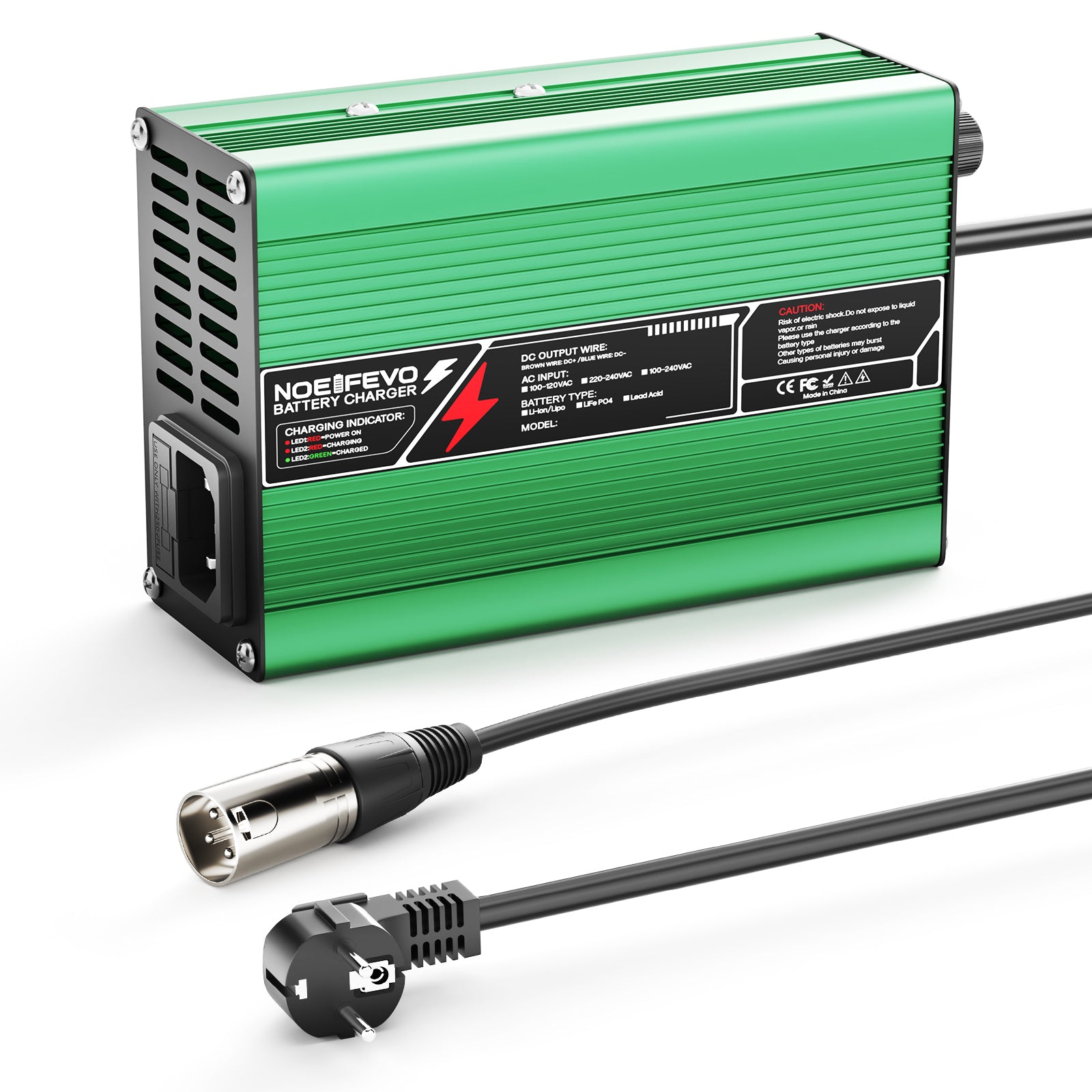 NOEIFEVO מטען ליתיום 21V  2A 3A 4A 5A עבור סוללות 5S 18.5V Li-Ion Lipo, מאוורר קירור, כיבוי אוטומטי (ירוק).