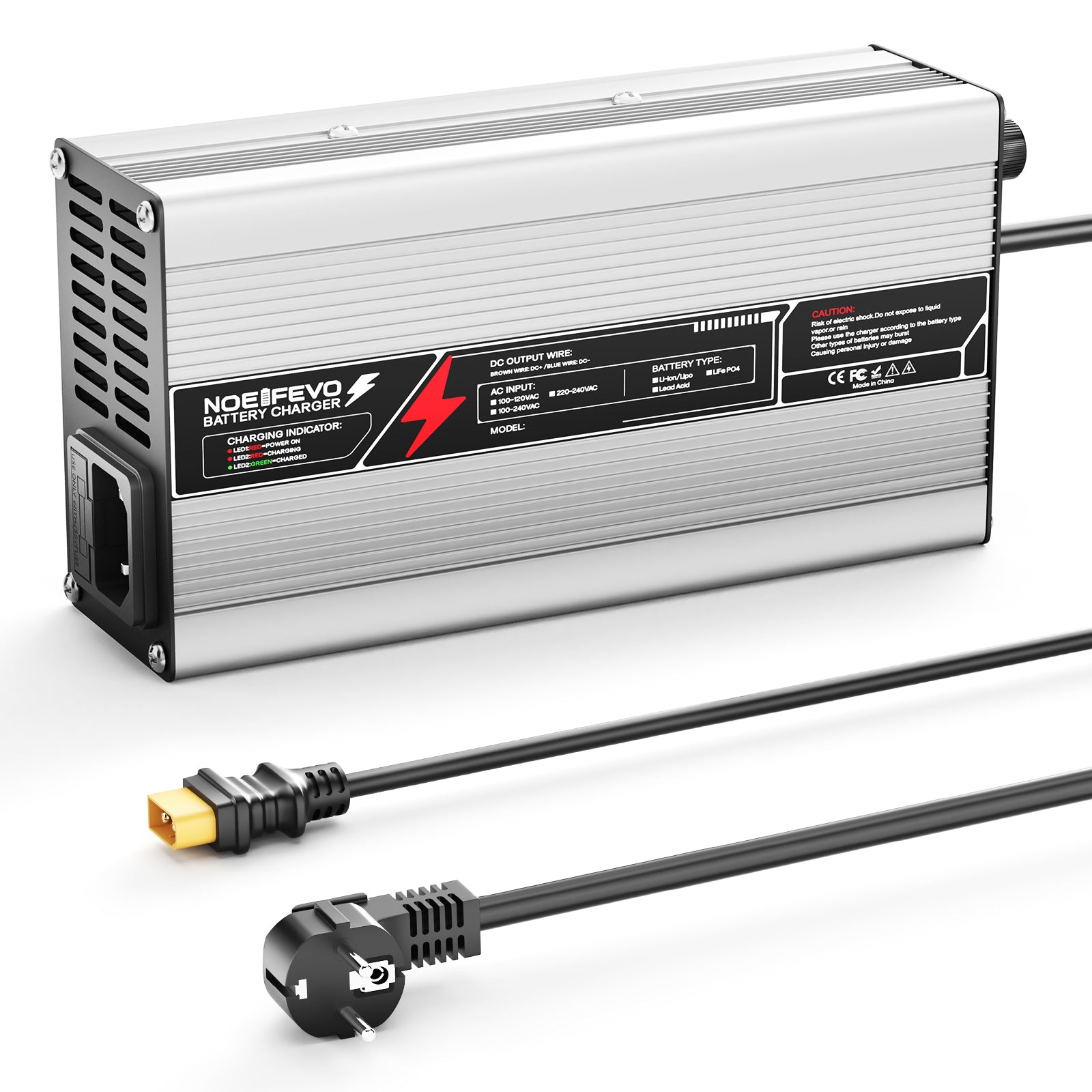 NOEIFEVO 14,6V 20A Caricabatterie LiFePO4 per batteria 12V (12,8V) 4S, spegnimento automatico, case in alluminio, con ventilatore (Argento).