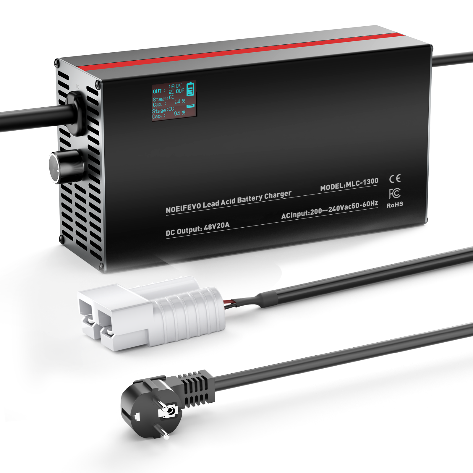 NOEIFEVO 48V 2A-20A Strømadjusterbart Batterilader for Blysyrebatterier, AGM, Gel, Golfbatterilader, LED-skjerm