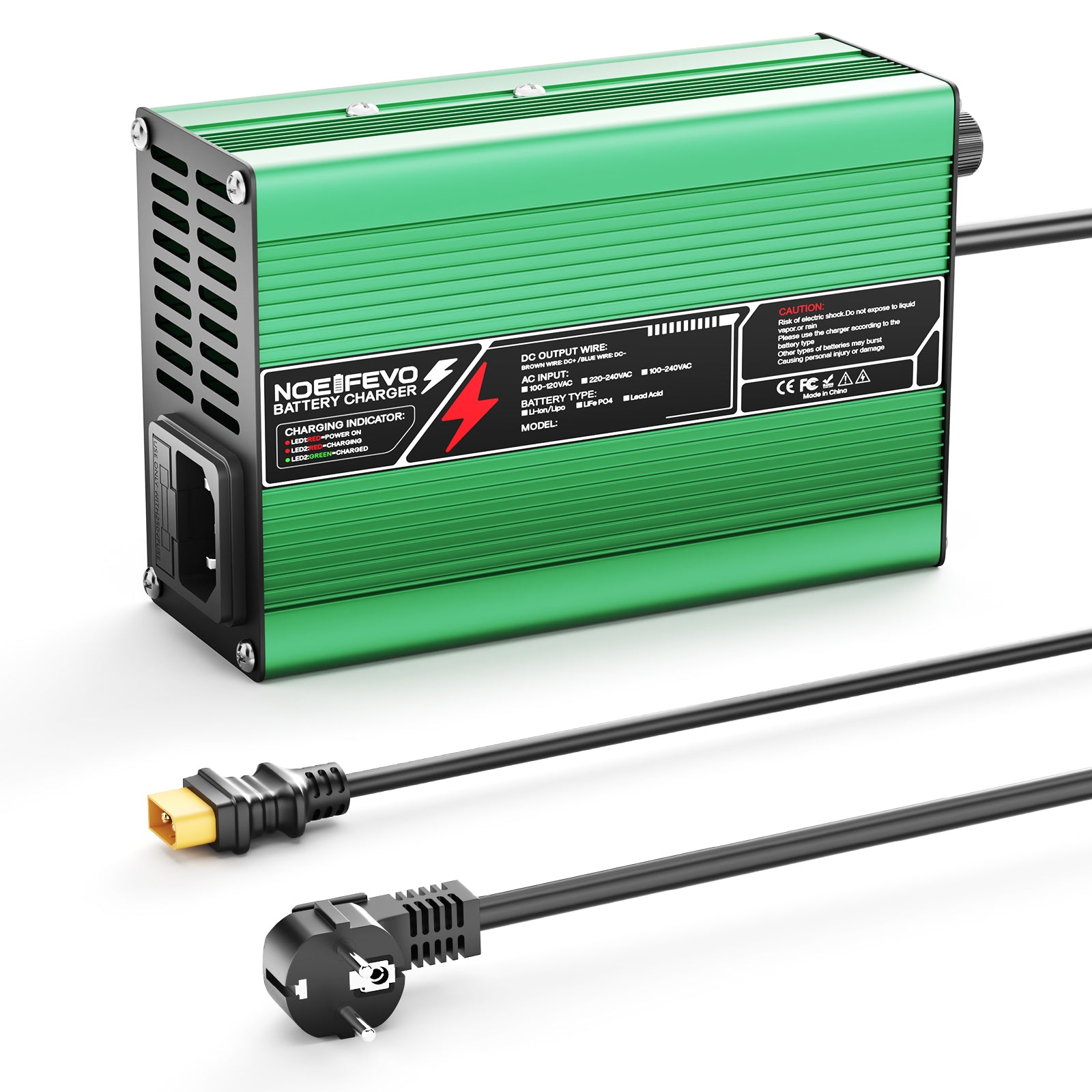 NOEIFEVO מטען ליתיום 21V  2A 3A 4A 5A עבור סוללות 5S 18.5V Li-Ion Lipo, מאוורר קירור, כיבוי אוטומטי (ירוק).