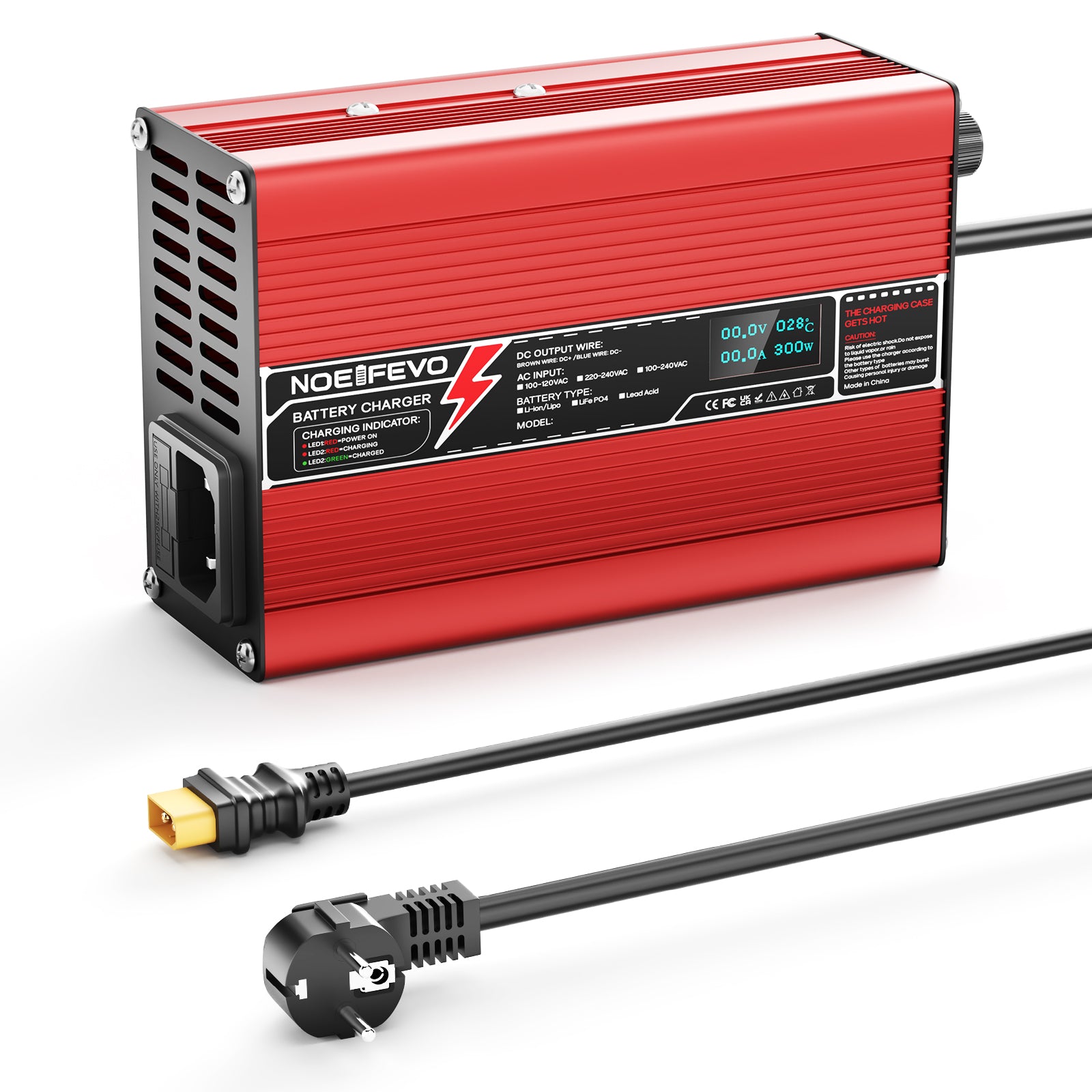 NOEIFEVO 50.4V 2A 2.5A 3A Lithium-lader til 12S 44.4V Li-Ion Lipo-batterier, med køleventilator, automatisk slukning (RØD)