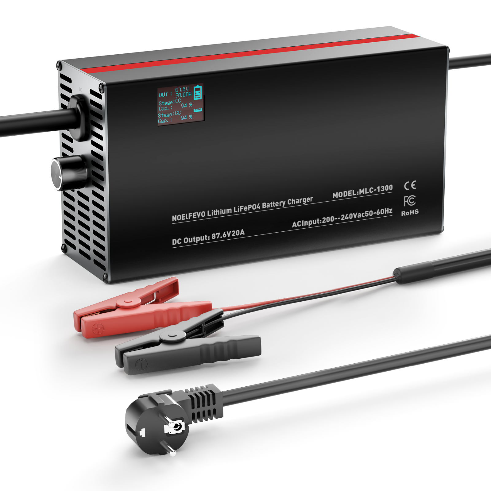 NOEIFEVO 87.6V 2-20A Lithium-LiFePO4-oplader til 76.8V 24S LiFePO4-batteri, LCD-skærm, justerbar strøm, oplader til trollingmotor, båd og campingvogne