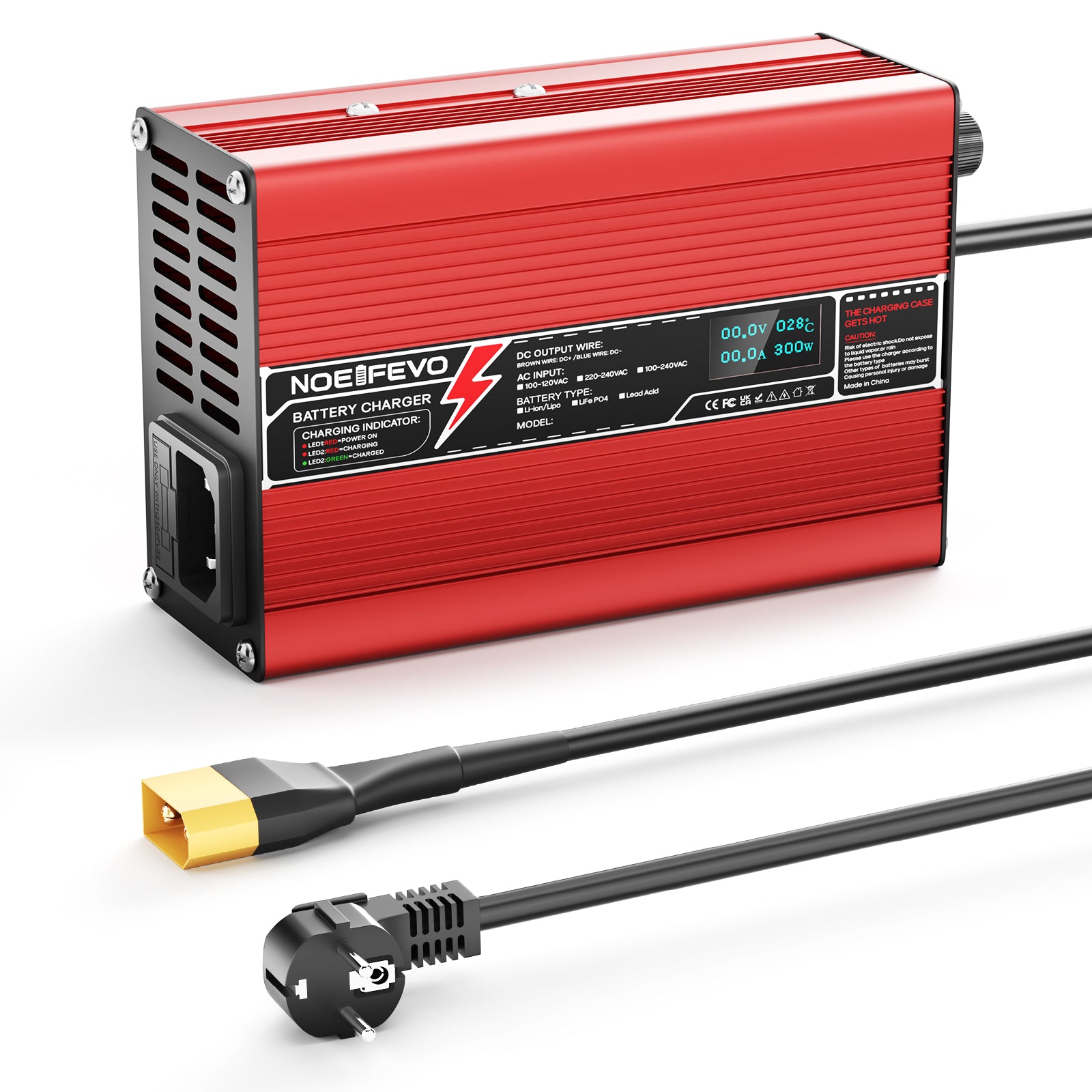 NOEIFEVO 50.4V 2A 2.5A 3A Lithium-lader til 12S 44.4V Li-Ion Lipo-batterier, med køleventilator, automatisk slukning (RØD)