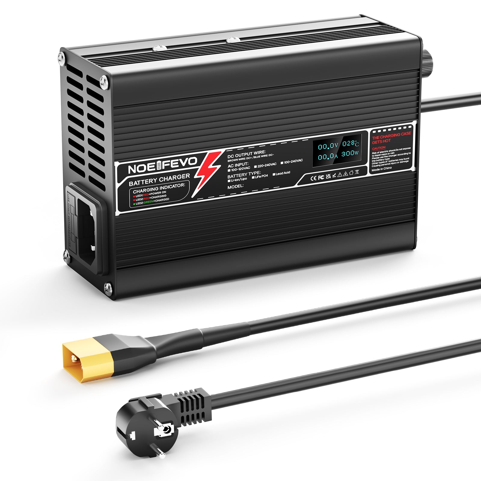 NOEIFEVO 50.4V 2.5A Carregador de lítio para baterias 12S 44.4V Li-Ion Lipo, com display LCD, ventilador de resfriamento, desligamento automático.