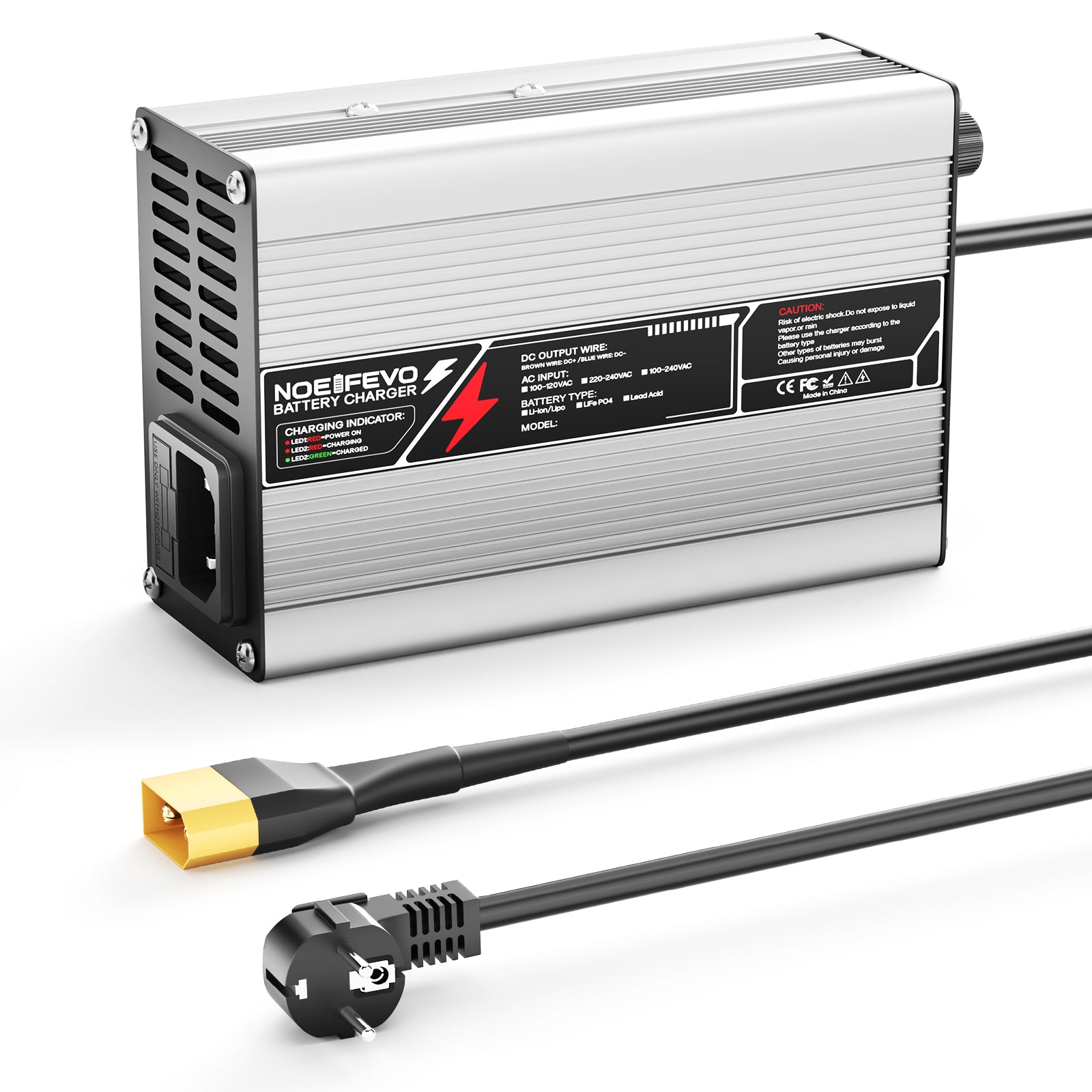 NOEIFEVO 33,6V 2A 3A 4A 5A Lithium-oplader til 8S 29,6V Li-Ion Lipo-batterier, med køleventilator, automatisk slukning