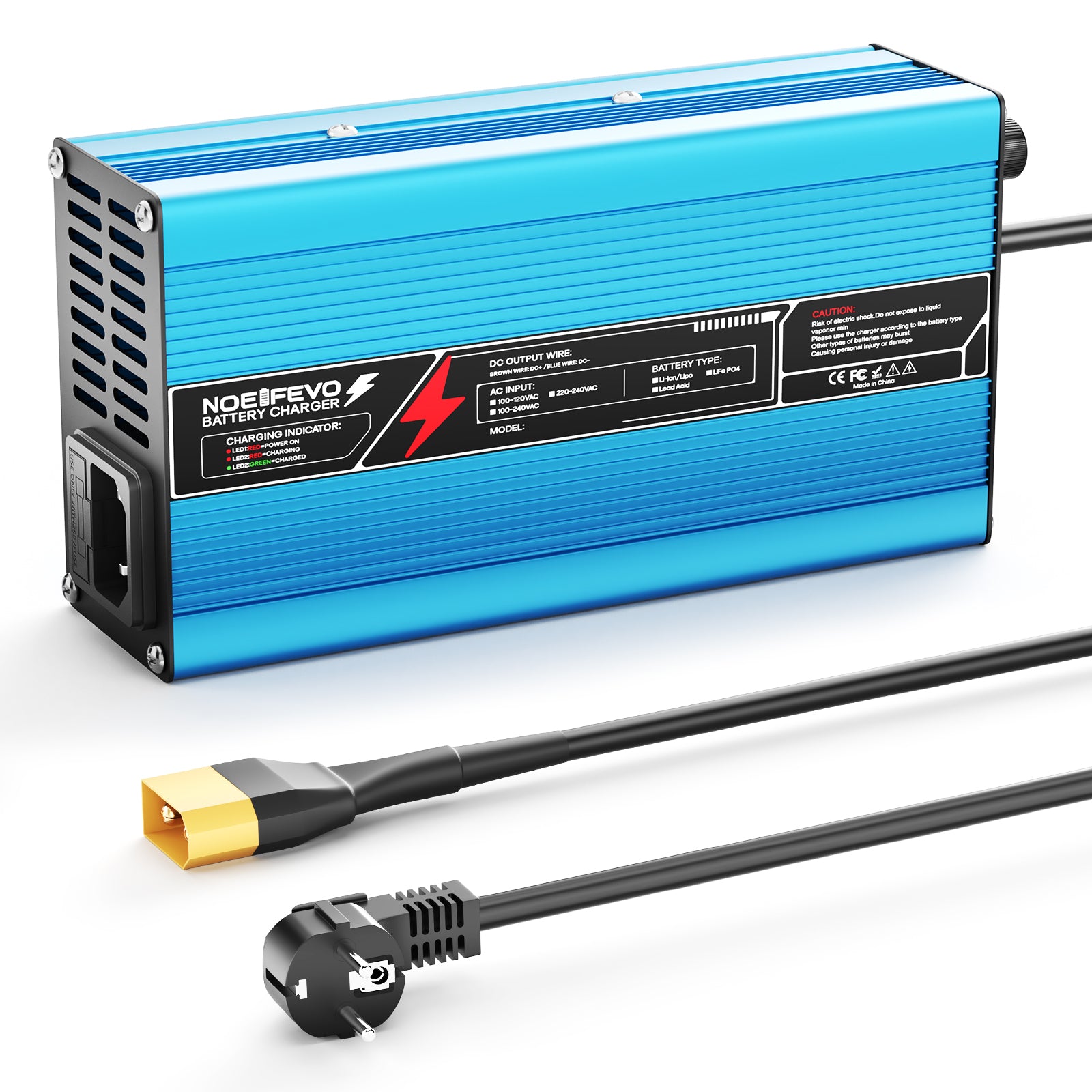 NOEIFEVO 42V 10A 10S Lithium-Batterieladegerät, für 10S 37V Li-Ion Batterie, automatische Abschaltung, Aluminiumgehäuse, mit Lüfter(blau)