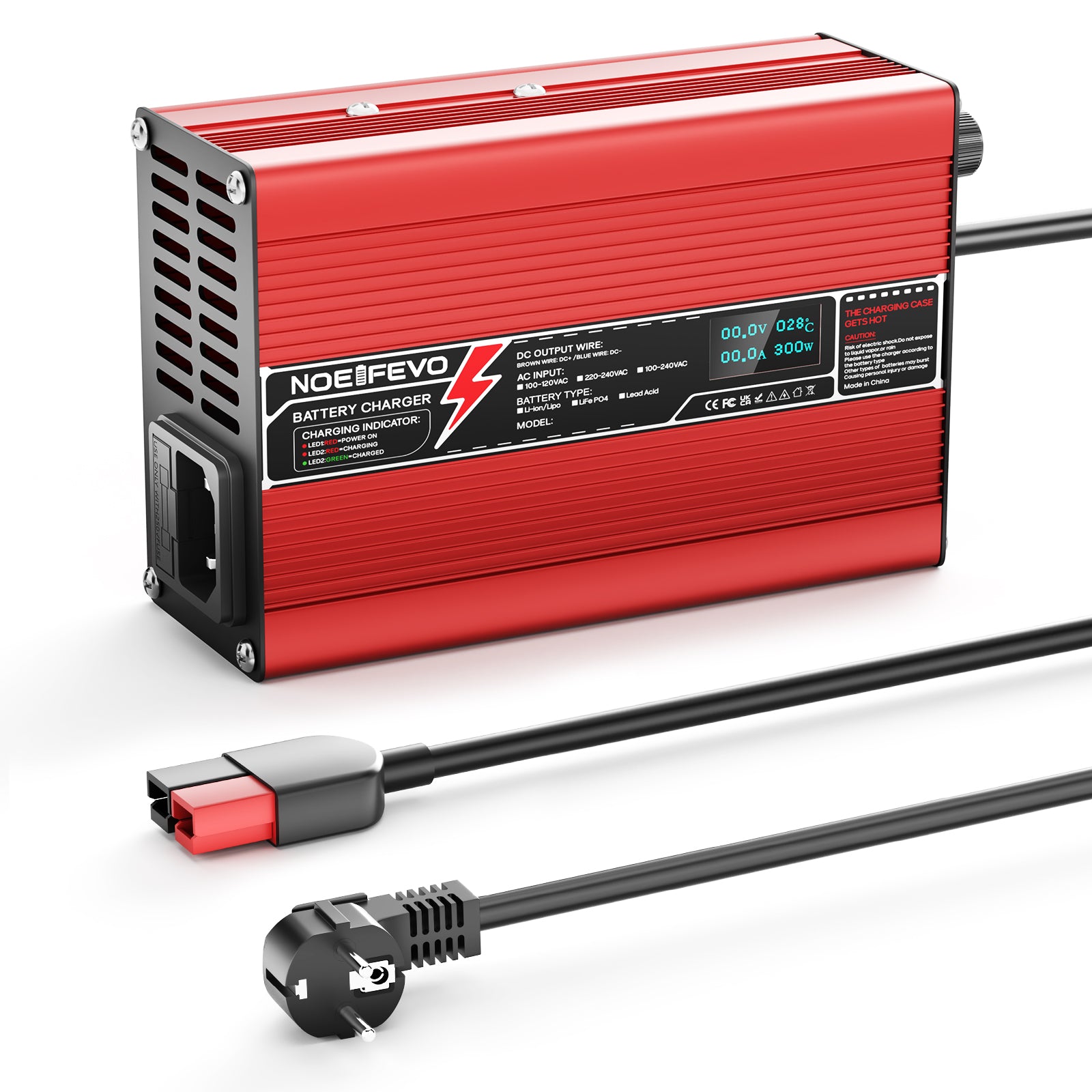 NOEIFEVO 12,6V 10A Carregador de Lítio para Baterias 3S 11,1V Li-Ion Lipo, Ventilador de Resfriamento, Desligamento Automático (Vermelho)