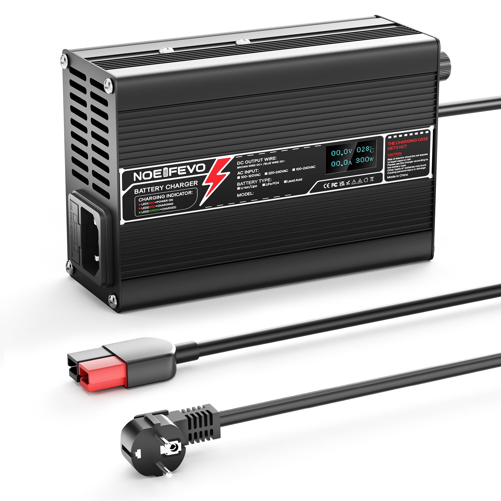 NOEIFEVO 50.4V 2.5A Lithium-batterilader til 12S 44.4V Li-Ion Lipo-batterier, med LCD-display, køleventilator og automatisk slukning