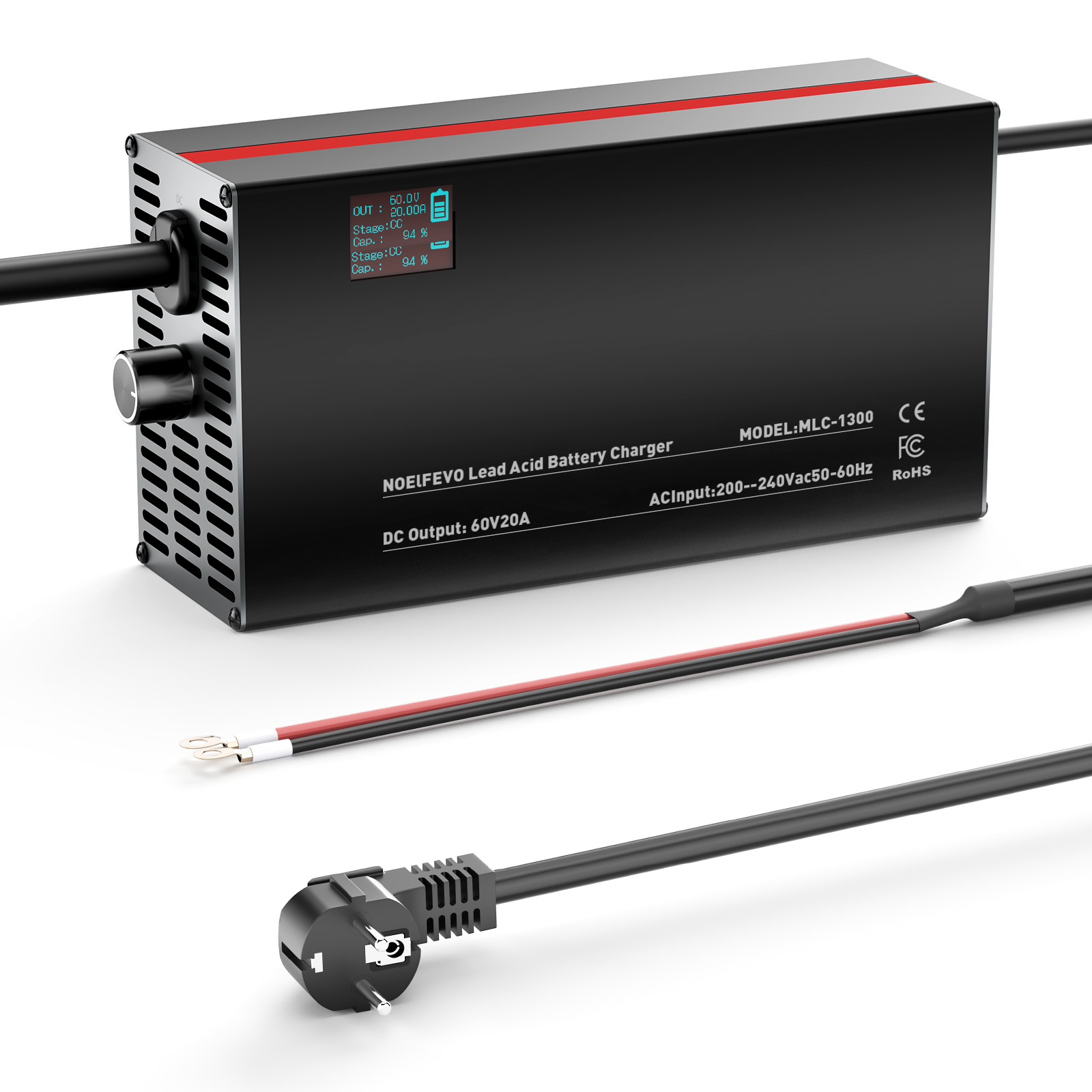 NOEIFEVO 48V 2A-20A Strømadjusterbart Batterilader for Blysyrebatterier, AGM, Gel, Golfbatterilader, LED-skjerm