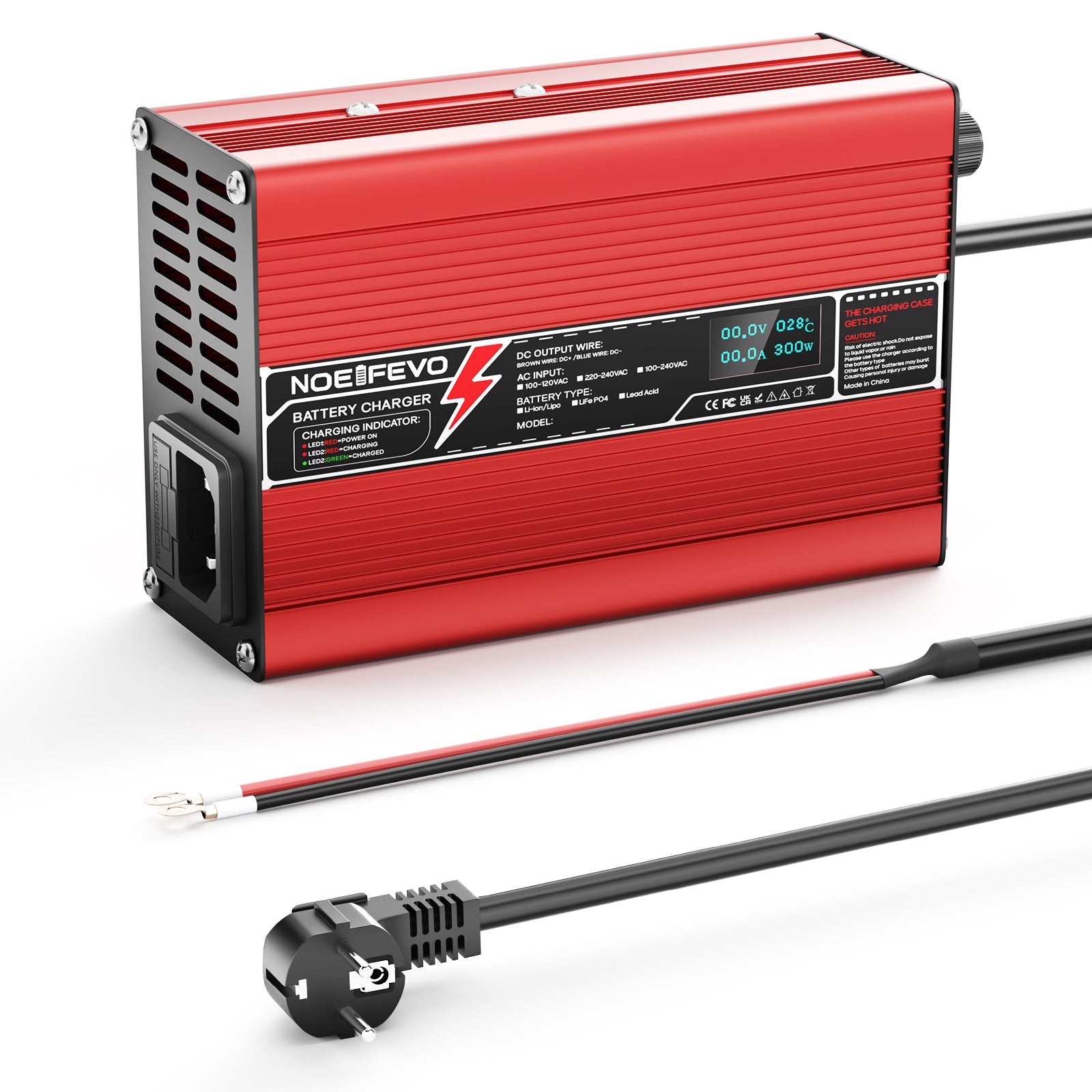 NOEIFEVO 42V 2A 3A 3.5A 4A Carregador de Bateria de Lítio para Baterias 10S 37V Li-Ion Lipo, Ventilador de Resfriamento, Desligamento Automático (Vermelho)