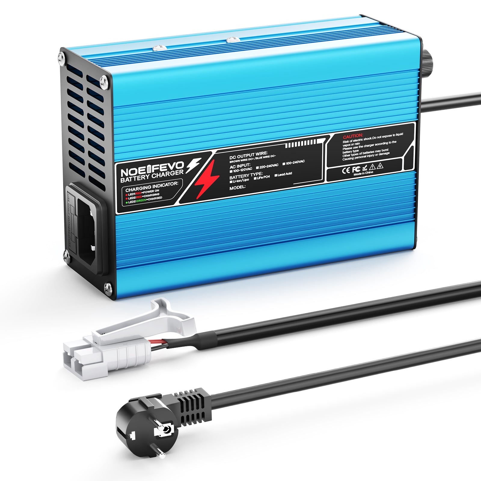 Carregador de Bateria LiFePO4 NOEIFEVO 36.5V 2A 3A 3.5A 4A para Bateria LiFePO4 10S 32V, com Desligamento Automático (AZUL).