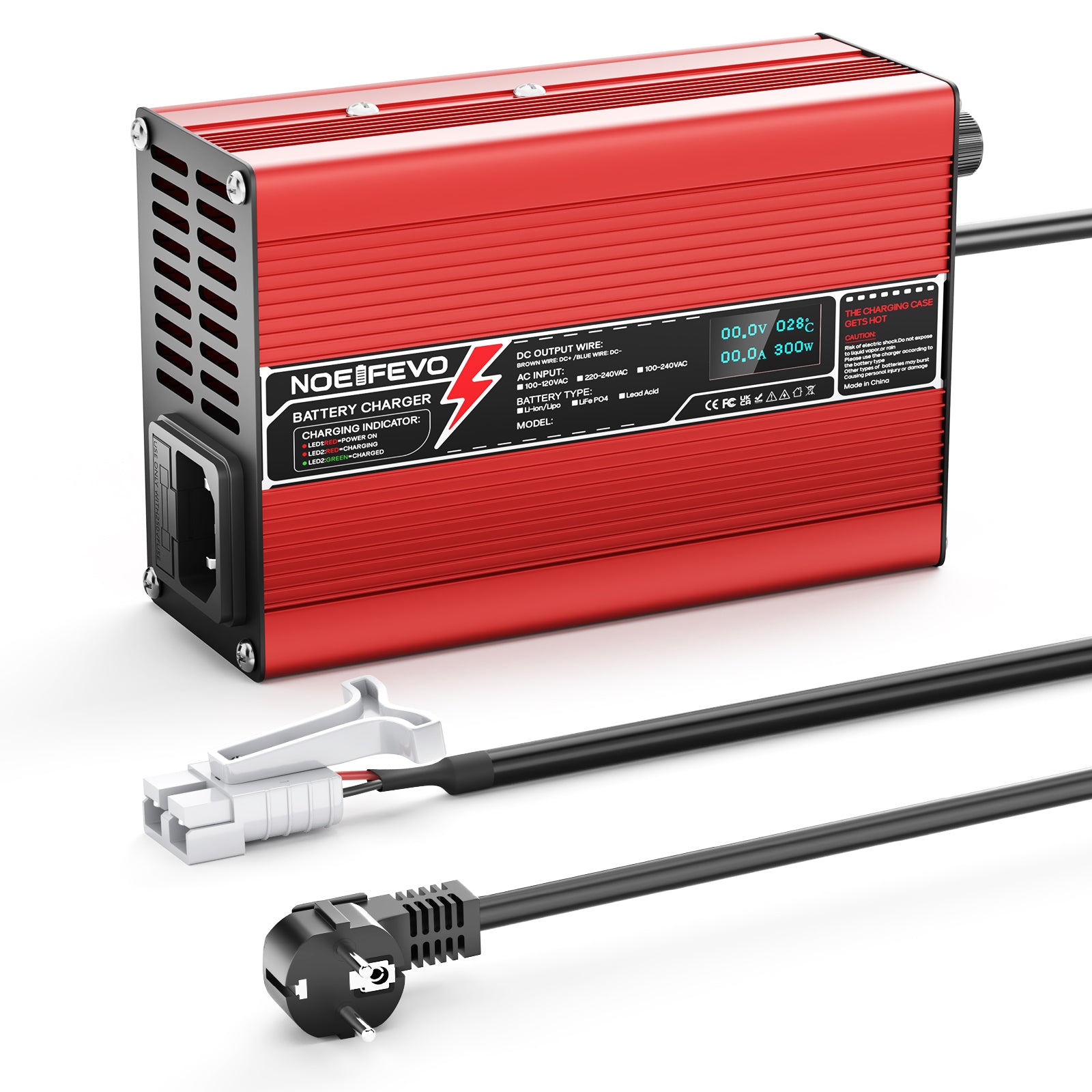 Cargador de Litio NOEIFEVO 54.6V 3A para baterías Li-Ion Lipo 13S 48.1V, con ventilador de enfriamiento y apagado automático (ROJO)