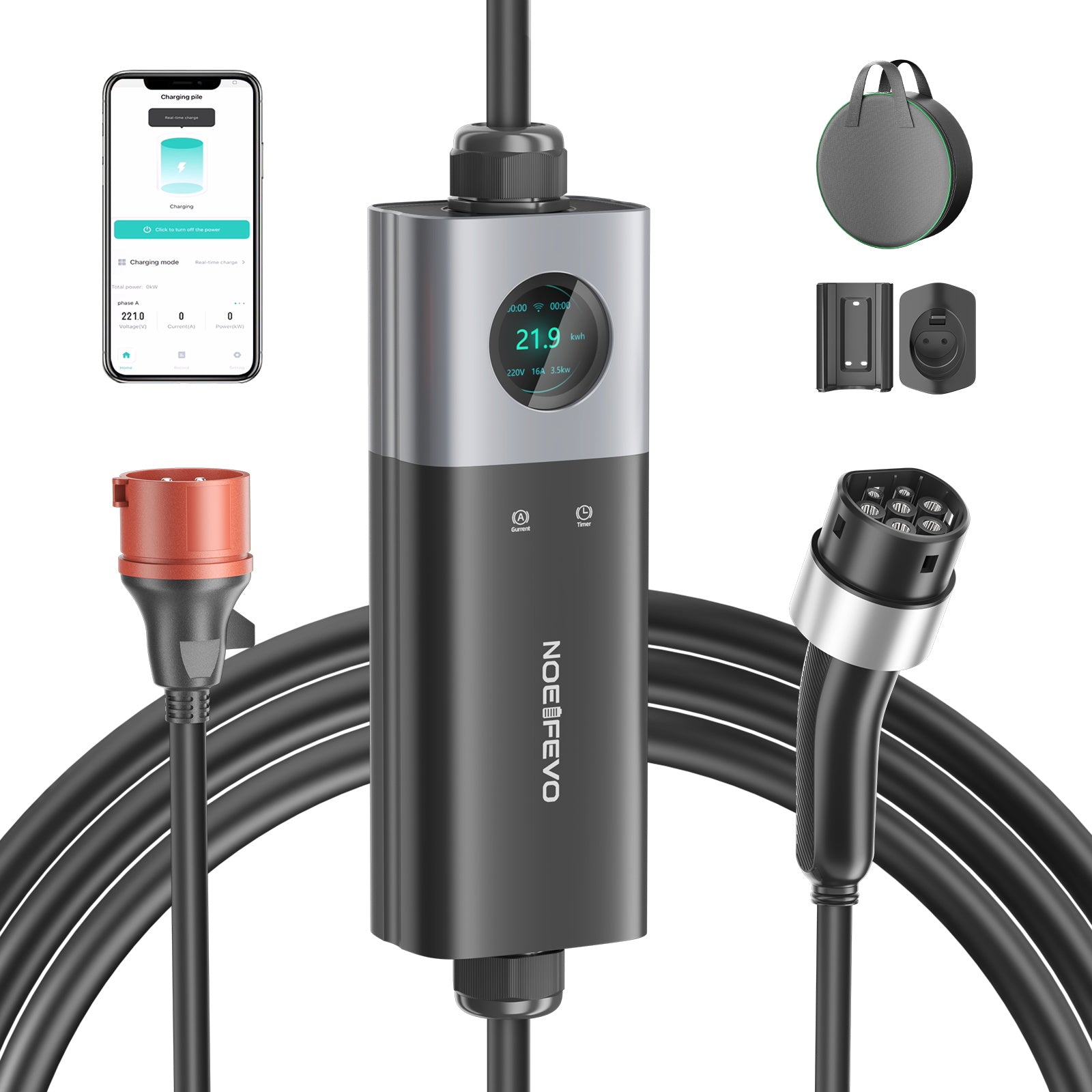 NOEIFEVO Q21W Wlan coche eléctrico Cargador móvil Wallbox 11kW con APP mando a distancia ,5m/10m Tipo2 CEE16A cable de carga trifásico 