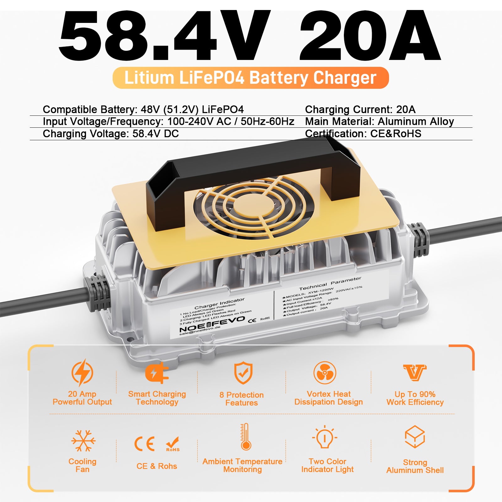 מטען סוללות NOEIFEVO 58.4V 20A Lithium Lifepo4 לסוללה 48V (51.2V)16S, עמיד למים, הפעלת BMS 0 V, כיבוי אוטומטי עם הגנה מלאה