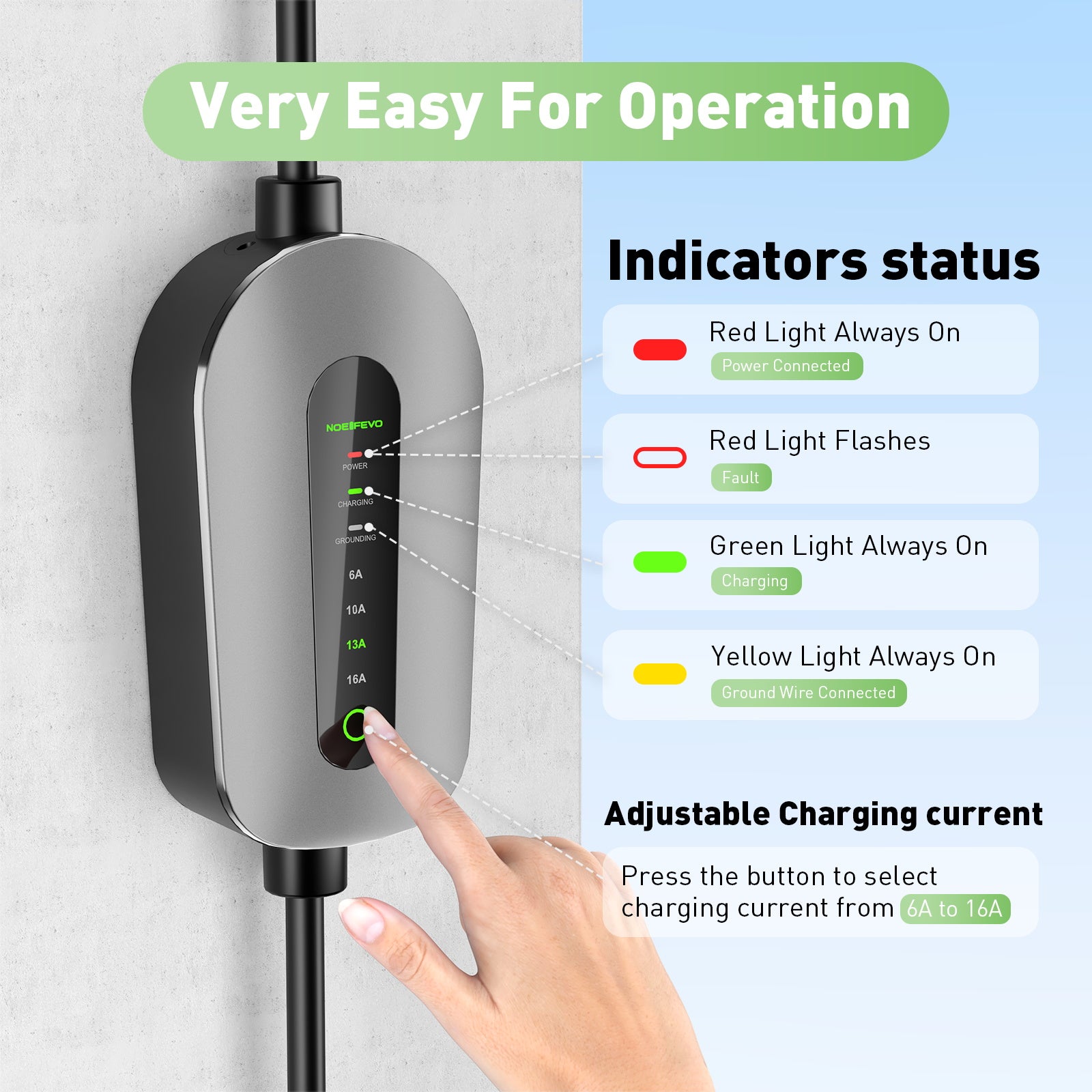 NOEIFEVO F095-3 Type 2 - CEE16A EV latauskaapeli sähköajoneuvoon, 11KW wallbox 6A - 16A säädettävä virta, 3m/5m/10m