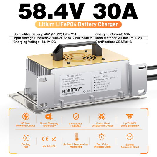 NOEIFEVO 58.4V 30A LiFePO4 batterioplader til 51.2V(48V) 16S LiFePO4 batteri, vandtæt, 0V BMS aktiveret