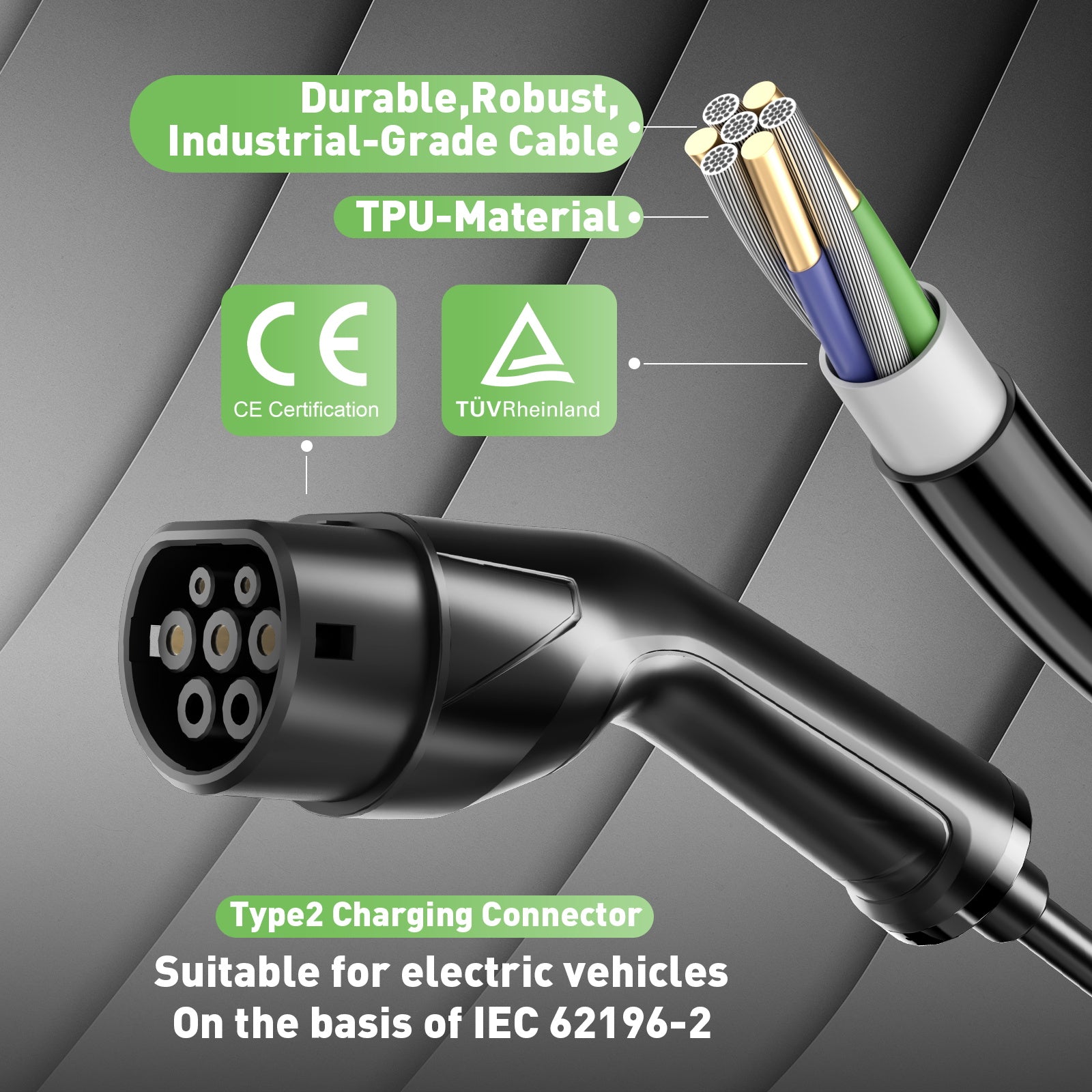 Noeifevo Nabíječka 3,5 kW typu 2 k nabíječce Schuko EV, 5 metrů /10 metrůKabel pro nabíjení EV odolný proti dešti pro venkovní použití