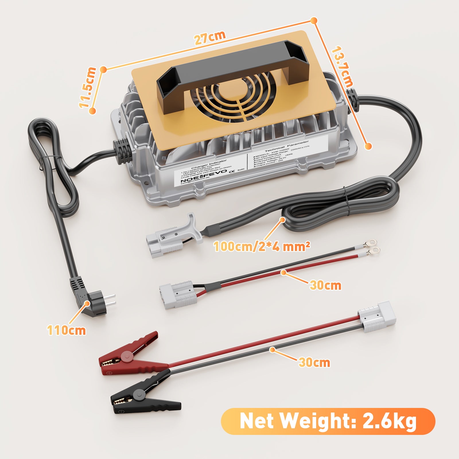 Noeifevo 29,2 V 30 A  LiFePO4 batería de Cargador para batería de litio de 24 V 25,6 V, resistente al agua, activación BMS de 0 V, apagado automático