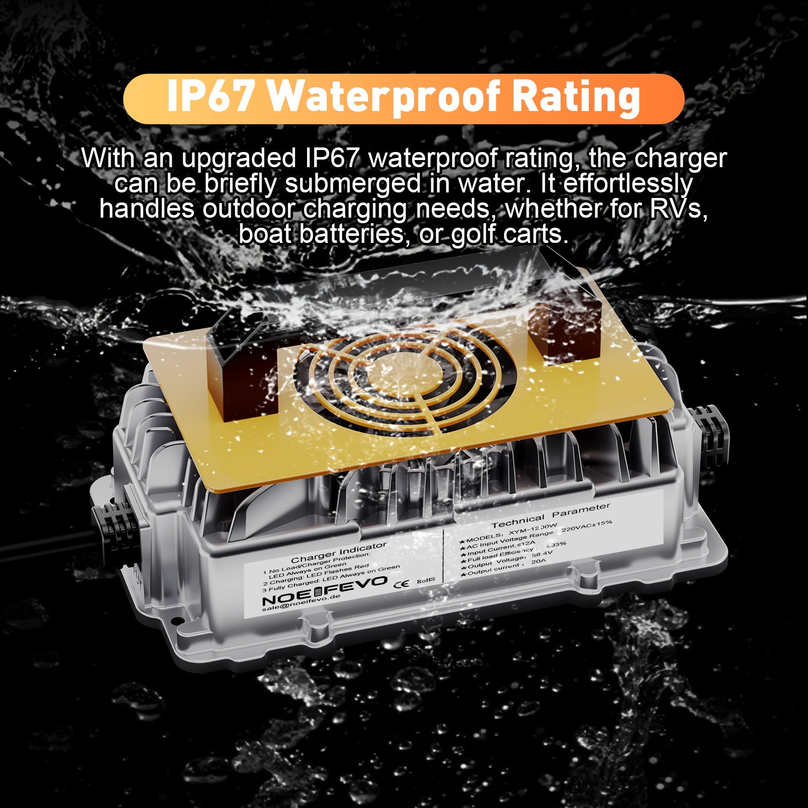 מטען סוללות NOEIFEVO 58.4V 20A Lithium Lifepo4 לסוללה 48V (51.2V)16S, עמיד למים, הפעלת BMS 0 V, כיבוי אוטומטי עם הגנה מלאה