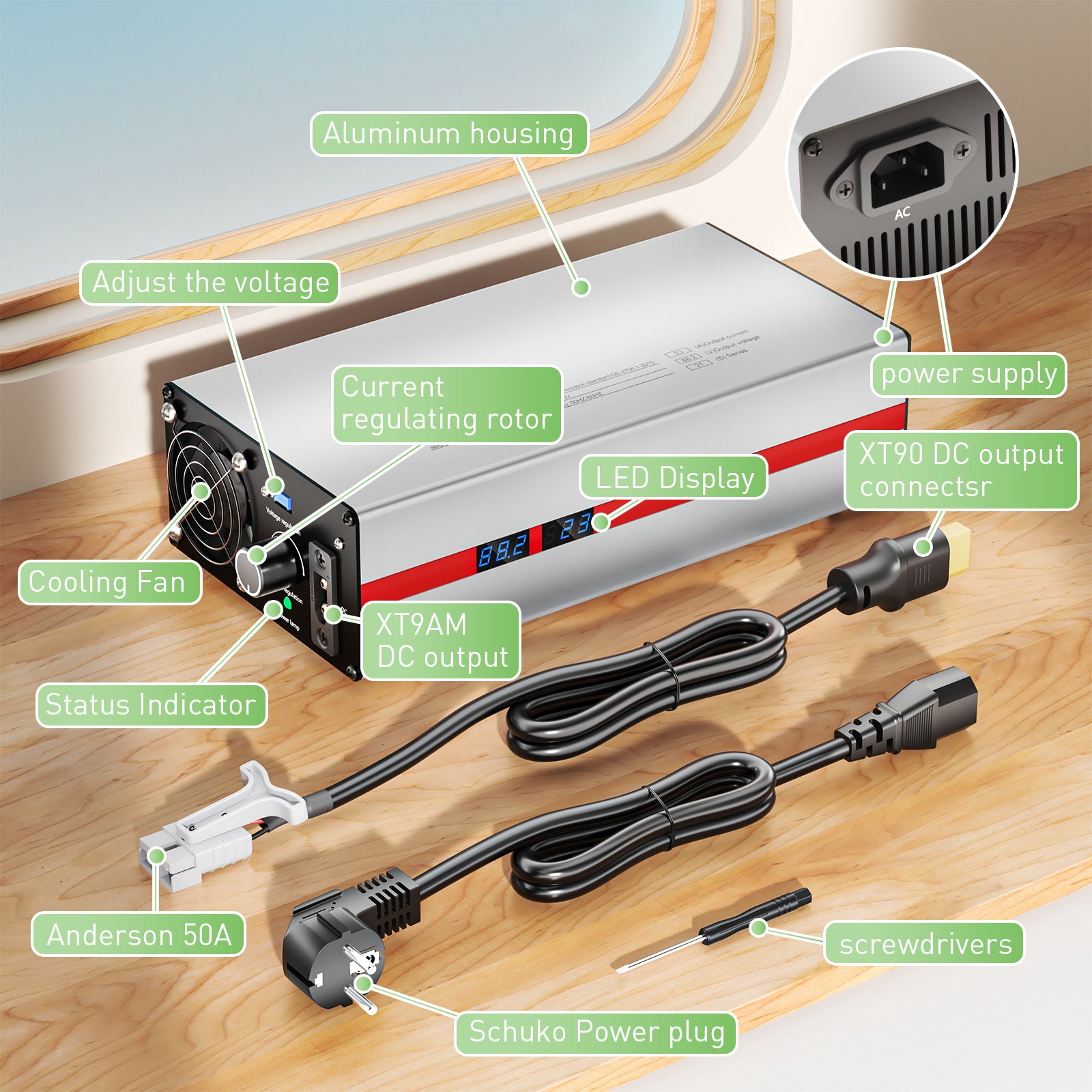 NOEIFEVO 1-23A strøm 12V-88,2V spændingsjusterbar universal lithiumoplader til 11,1V 12V 24V 36V 48V 60V 72V 77,7V Li-ion /Lithium /LiFePO4 batteri