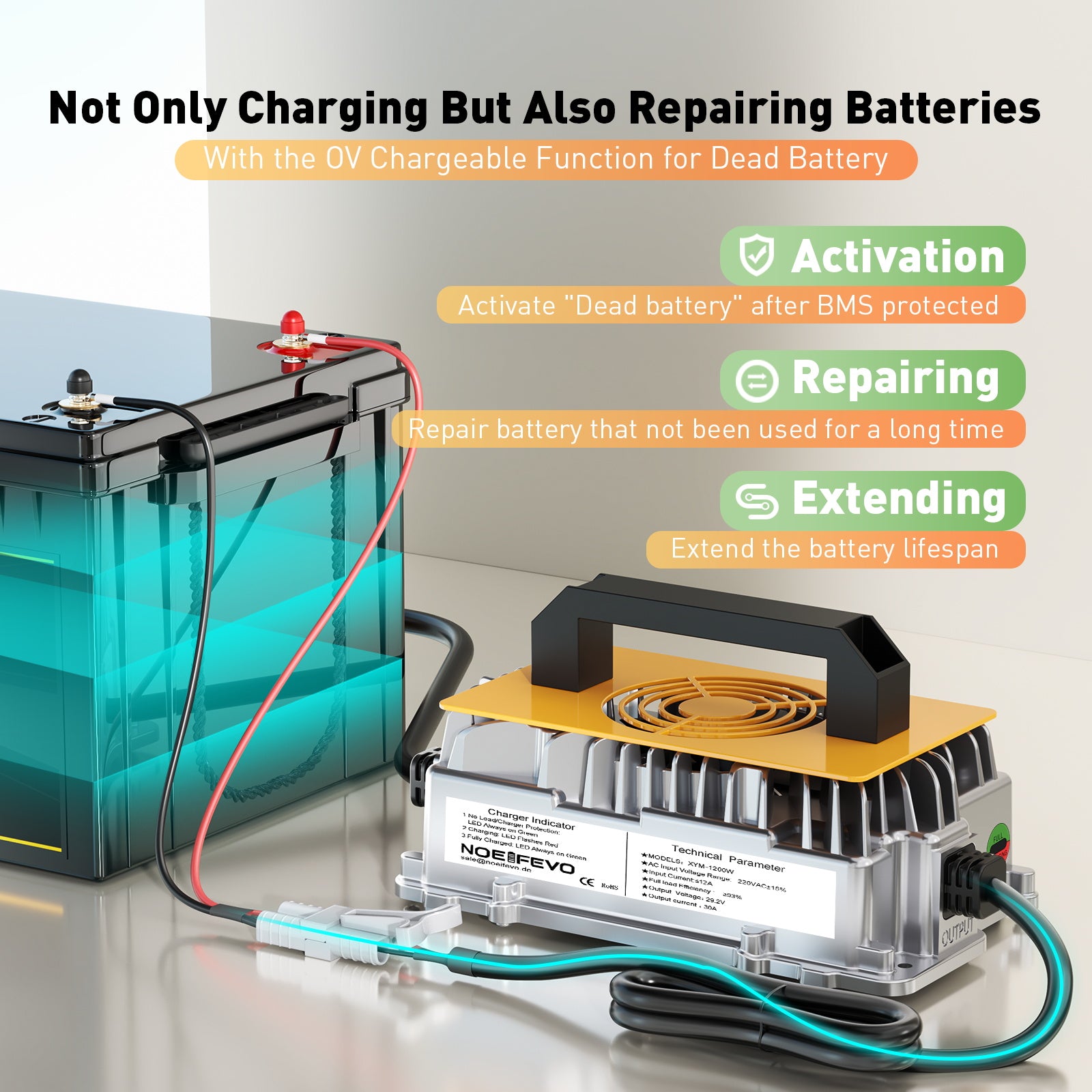 Noeifevo 29,2 V 30 A  LiFePO4 batería de Cargador para batería de litio de 24 V 25,6 V, resistente al agua, activación BMS de 0 V, apagado automático