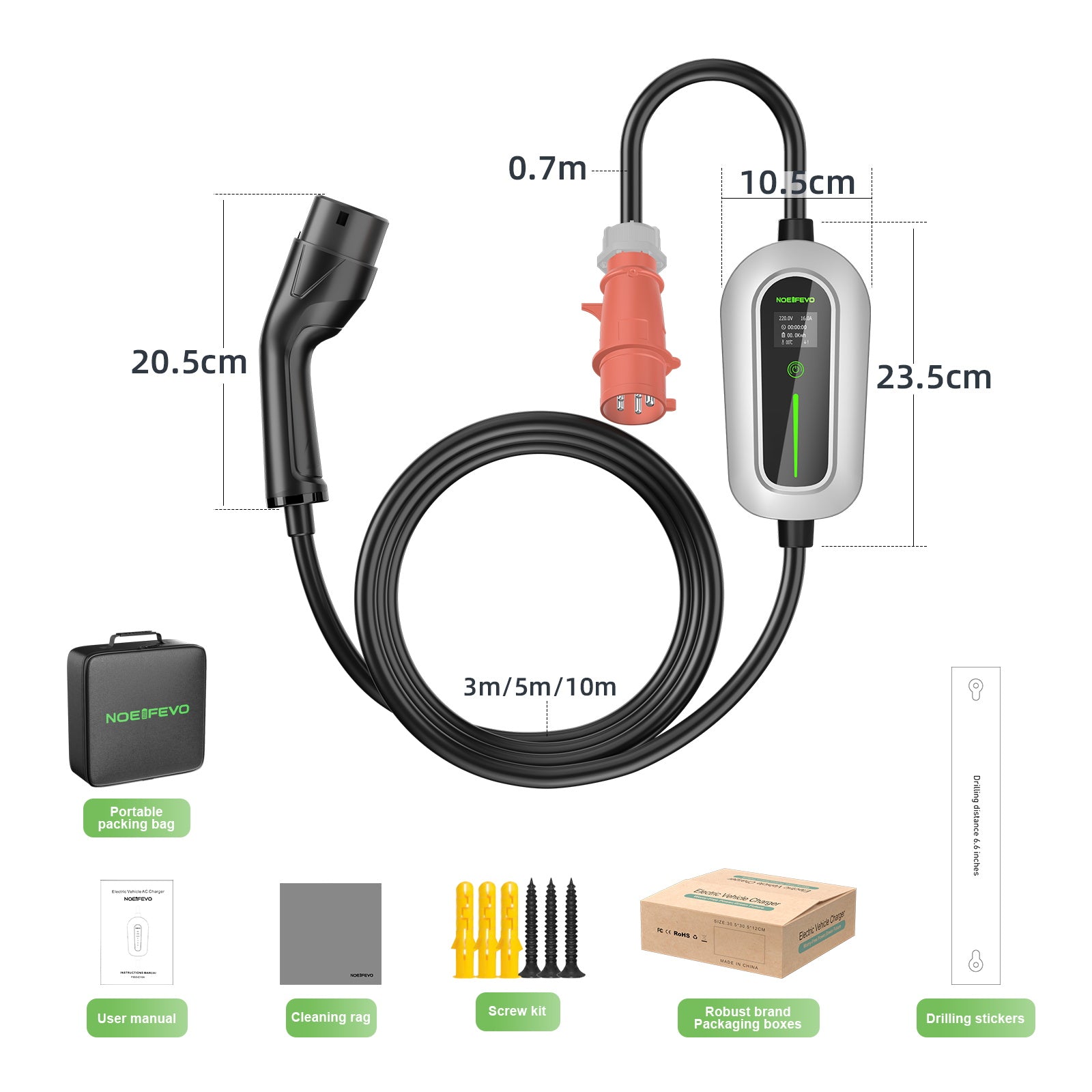 Noeifevo F094 EV ricarica di Stazione,11KW 16A trifase 3/5 metri mobile trifase da caricabatterie per  tipo 2 di veicoli elettrici
​