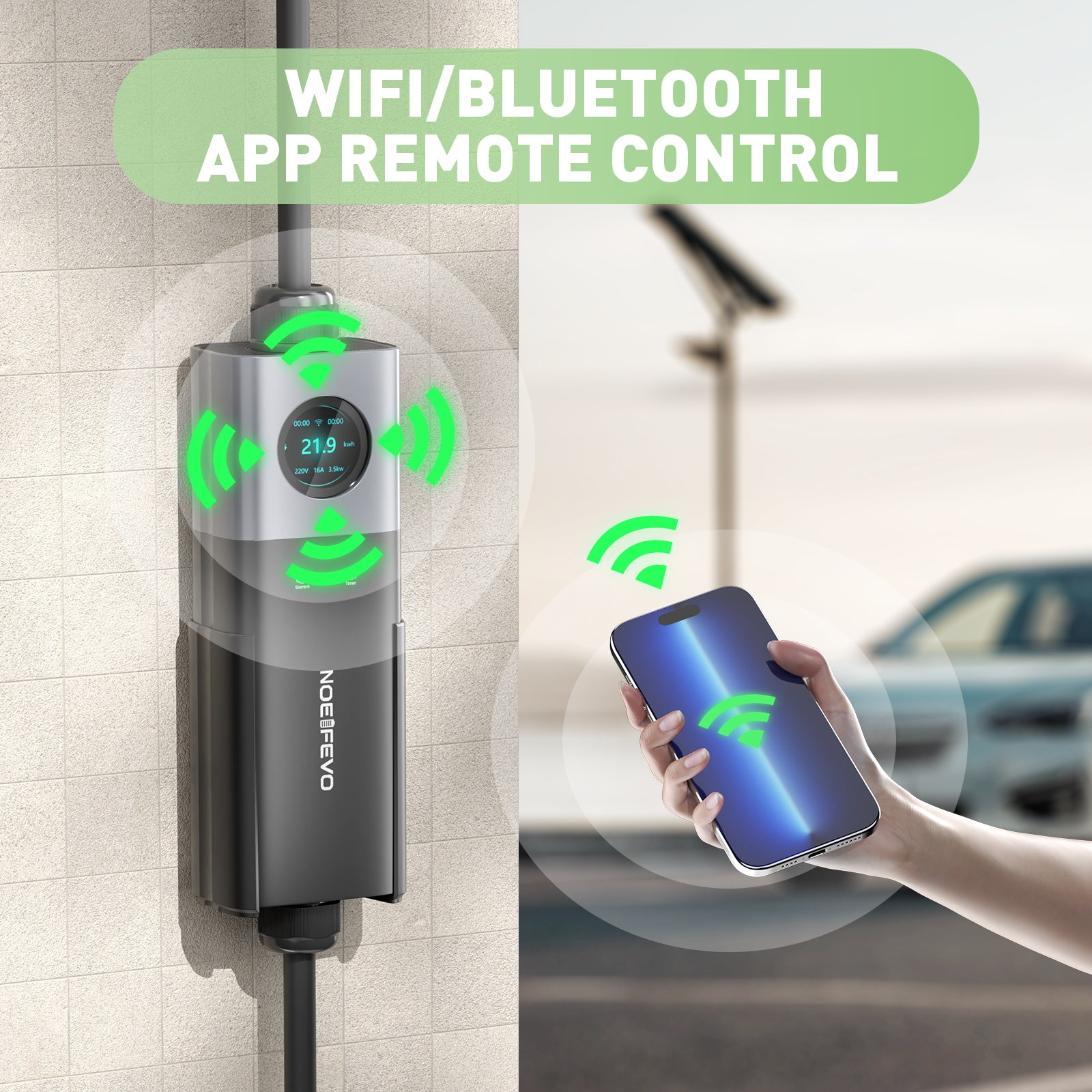 NOEIFEVO Wallbox Móvel 22KW com Wi-Fi e Controle por Aplicativo, Cabo de Carregamento Tipo 2 de 5m/10m CEE32A 3 Fases para Carros Elétricos