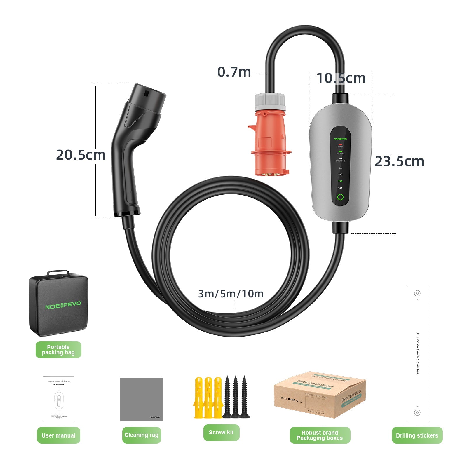 NOEIFEVO F095-3 Type 2 až CEE16A EV nabíjací kábel pre elektrické vozidlo, 11KW wallbox 6A až 16A nastaviteľný prúd, 3m/5m/10m