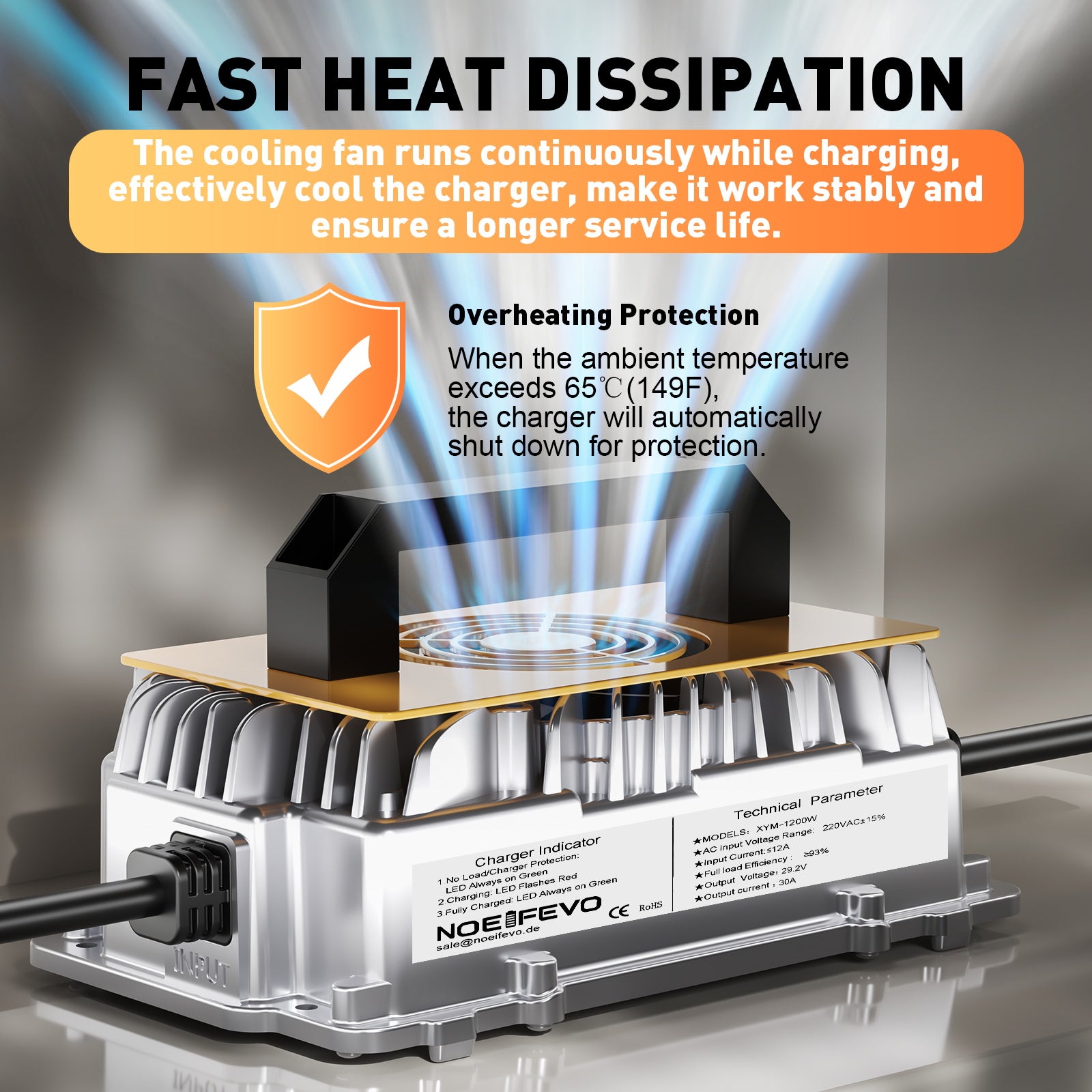 Noeifevo 29,2 V 30 A  LiFePO4 batería de Cargador para batería de litio de 24 V 25,6 V, resistente al agua, activación BMS de 0 V, apagado automático