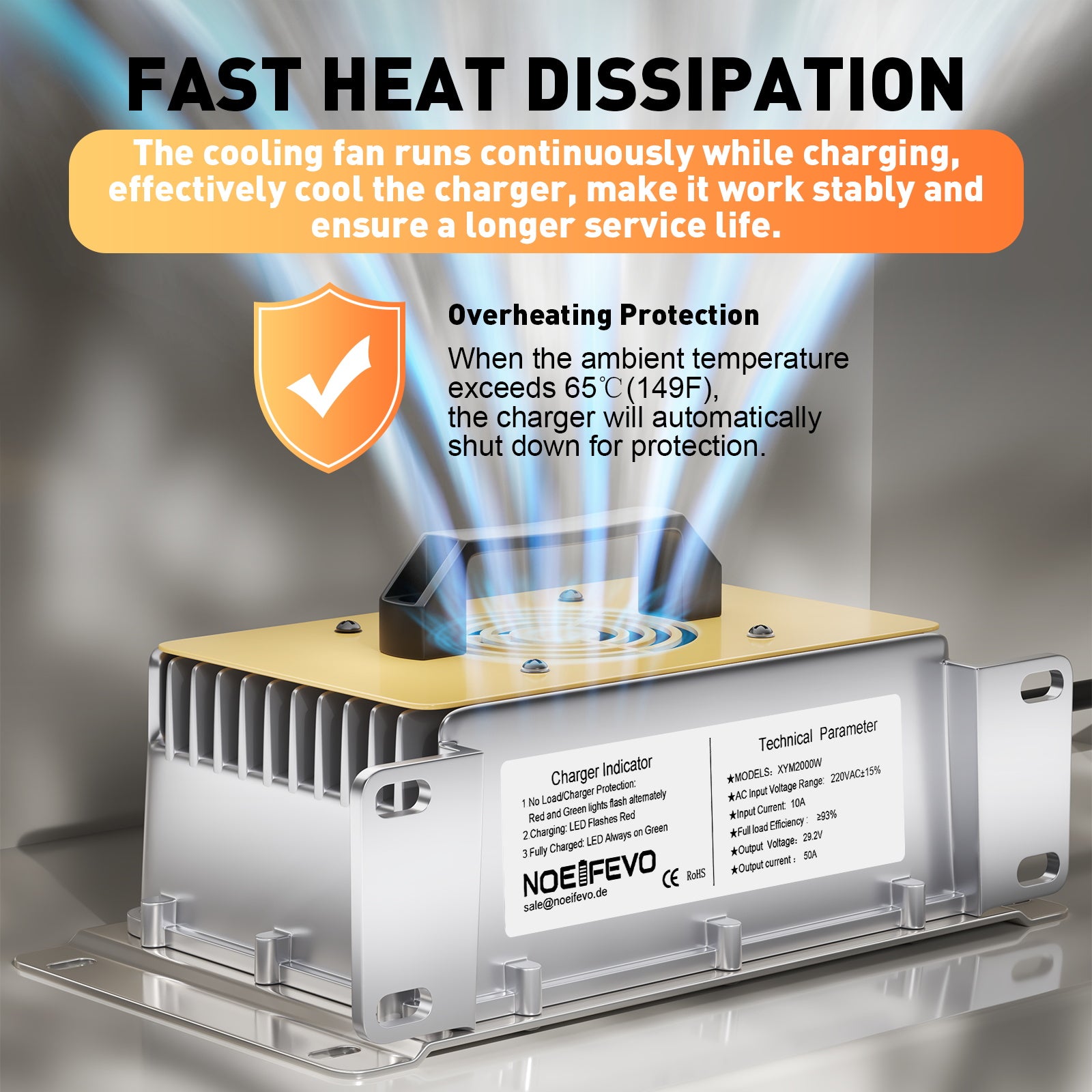 NOEIFEVO 29,2V 50A rýchla nabíjačka pre 24V 25,6V lítiovú LiFePO4 batériu, vodotesná, 0V BMS Activate