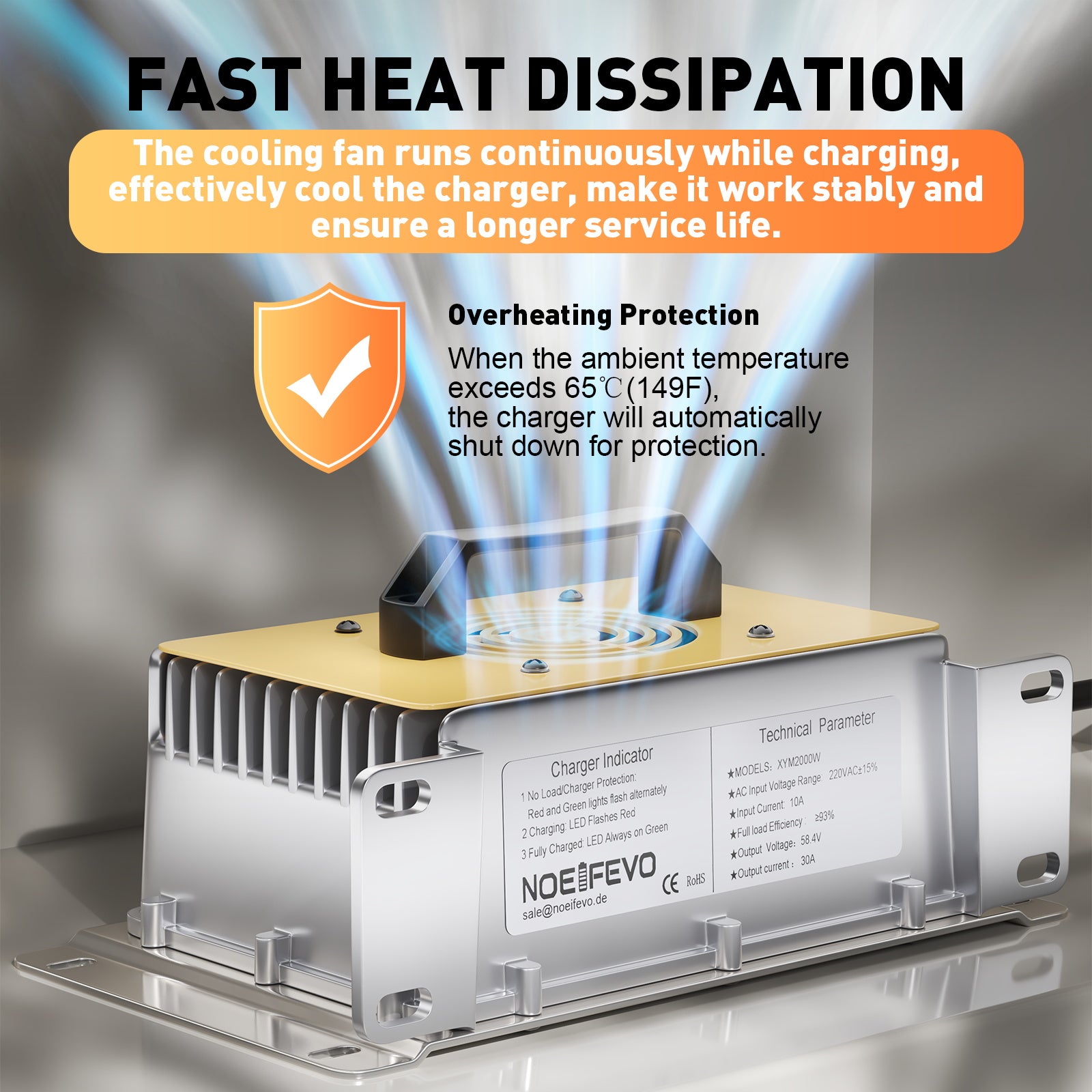 NOEIFEVO 58.4V 30A LiFePO4-akkulaturi 51.2V (48V) 16S LiFePO4-akulle, vedenpitävä, 0V BMS käytössä