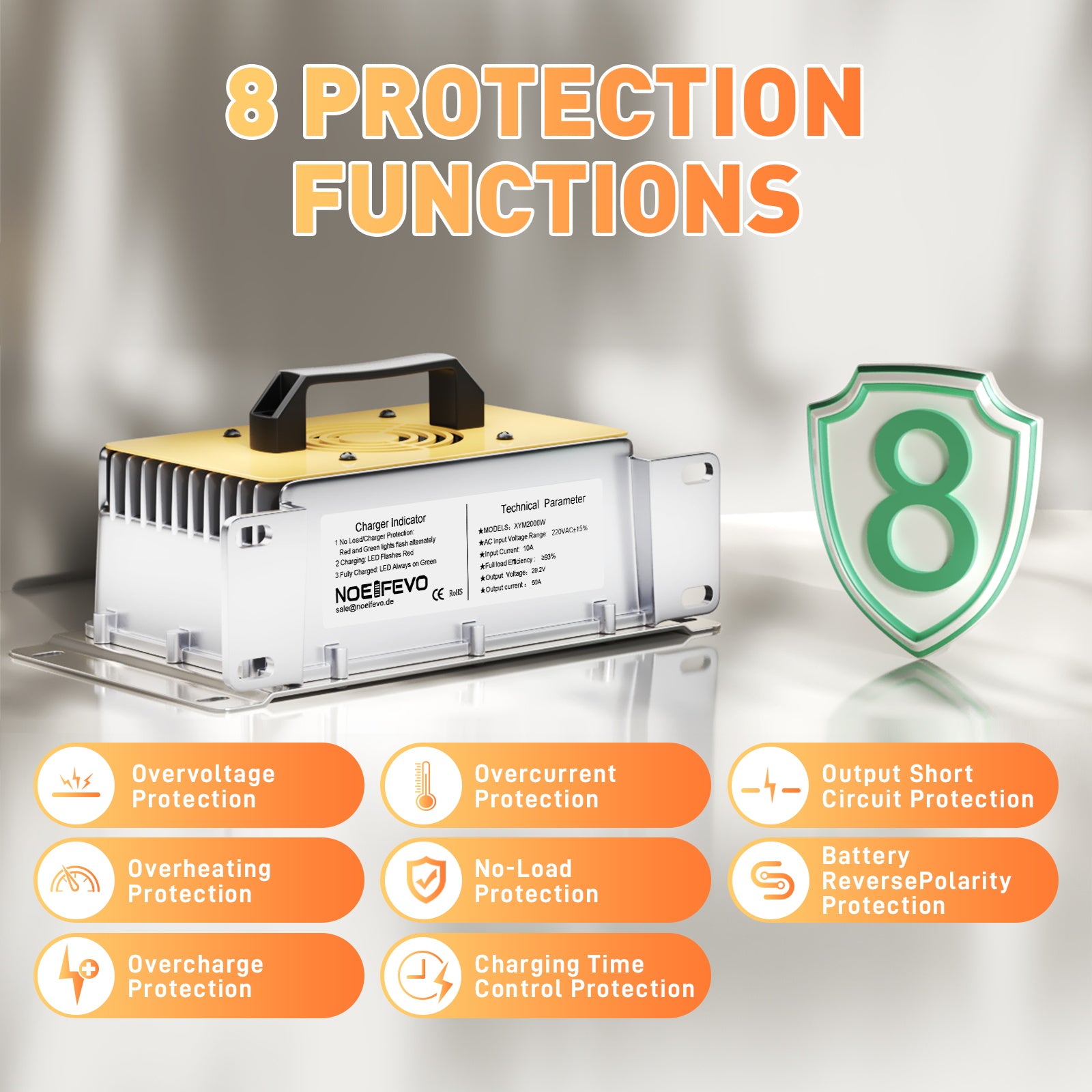 NOEIFEVO 29,2V 50A rýchla nabíjačka pre 24V 25,6V lítiovú LiFePO4 batériu, vodotesná, 0V BMS Activate
