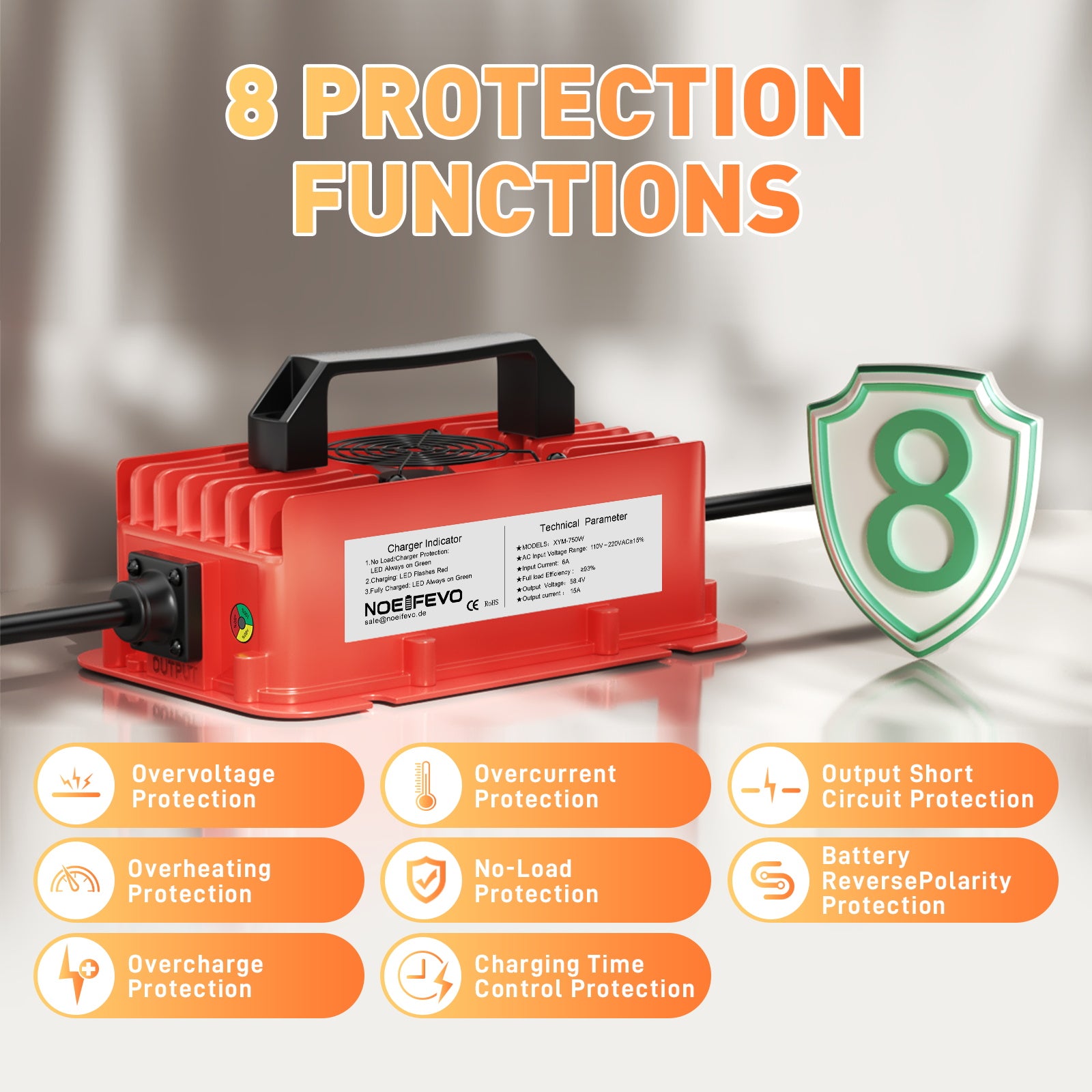 NOEIFEVO 58,4V 15A waterdichte LiFePO4-batterijlader voor 51,2V (48V) 16S LiFePO4-batterij