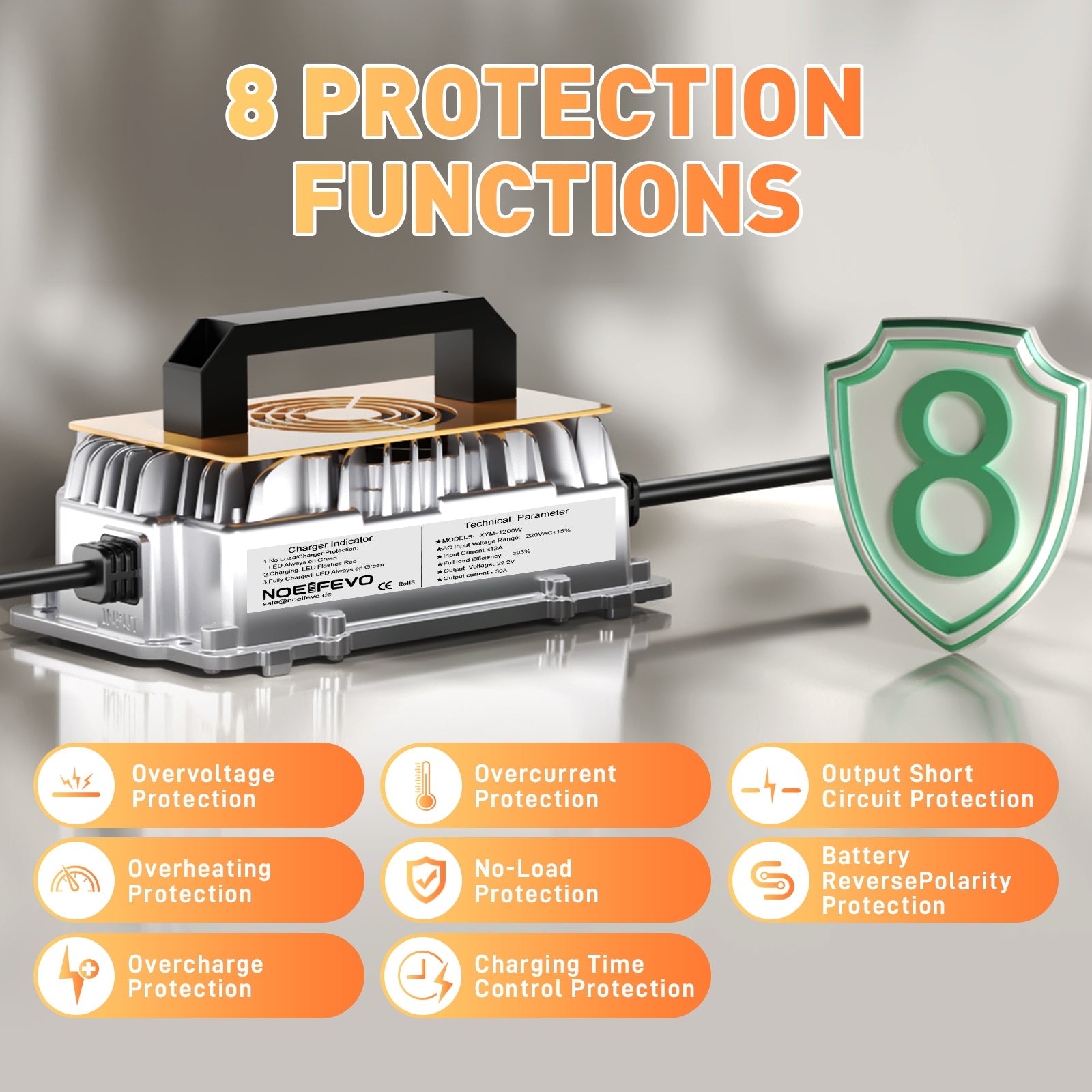 Noeifevo 29,2 V 30 A  LiFePO4 batería de Cargador para batería de litio de 24 V 25,6 V, resistente al agua, activación BMS de 0 V, apagado automático