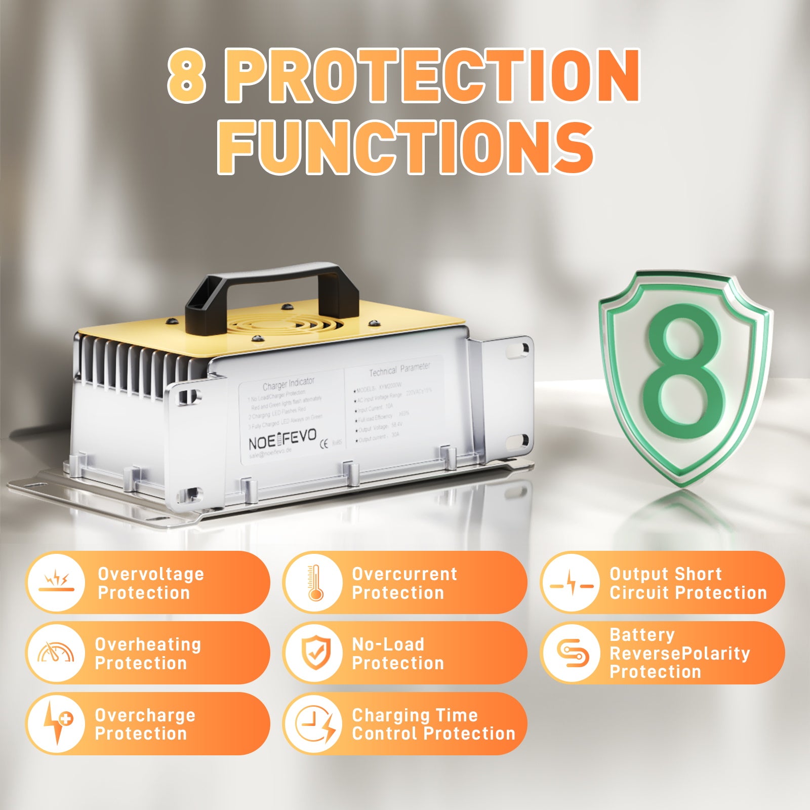 NOEIFEVO 58.4V 30A LiFePO4-akkulaturi 51.2V (48V) 16S LiFePO4-akulle, vedenpitävä, 0V BMS käytössä