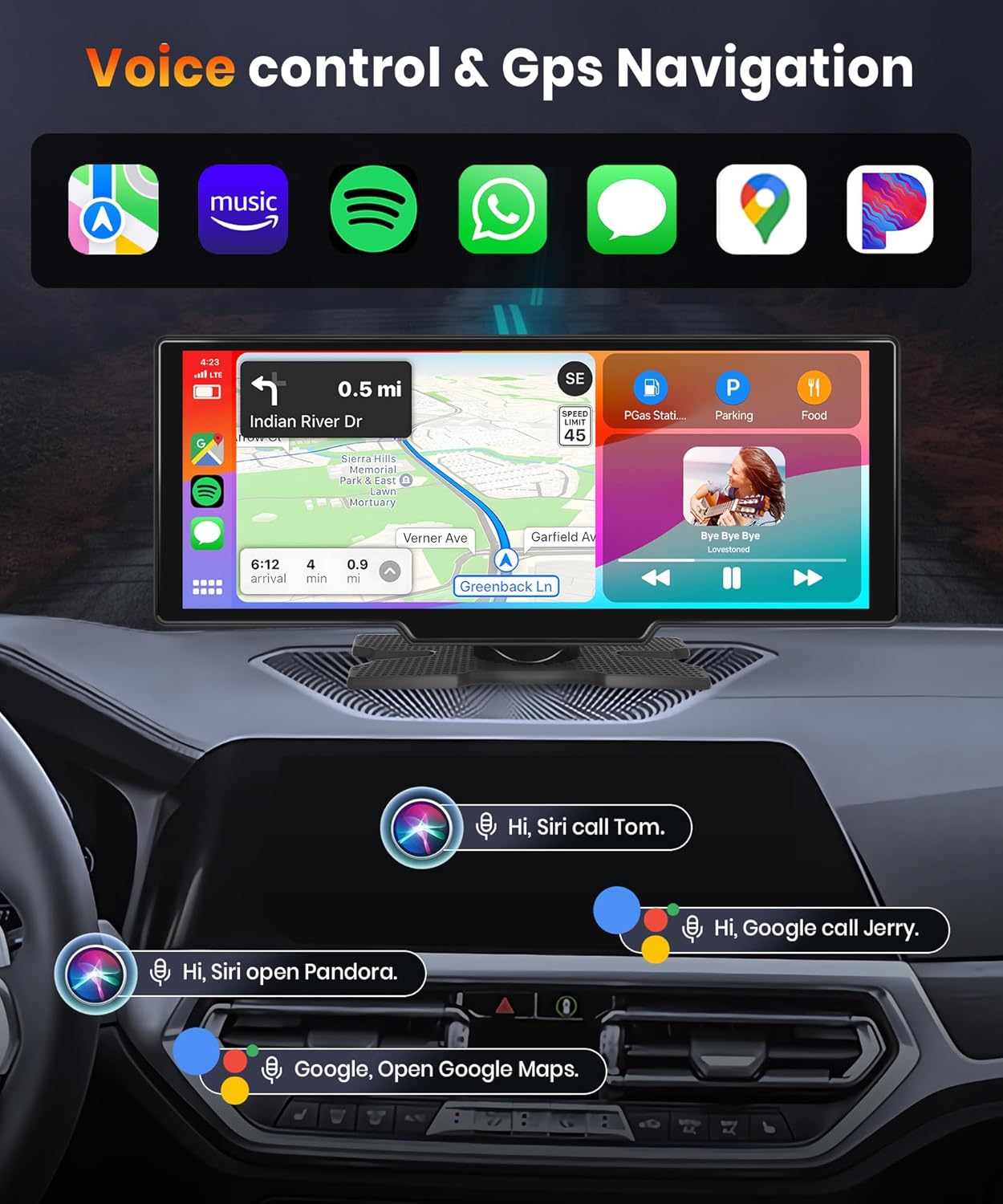 NOEIFEVO 10,26 tommer Carplay-skærm til biler med trådløs Carplay, Android Auto, MirrorLink, 1080P IPS berøringsskærm, bærbar radio, understøtter Bluetooth/håndfri stemmestyring/GPS/Siri/FM-transmission/Aux/TF-kort.