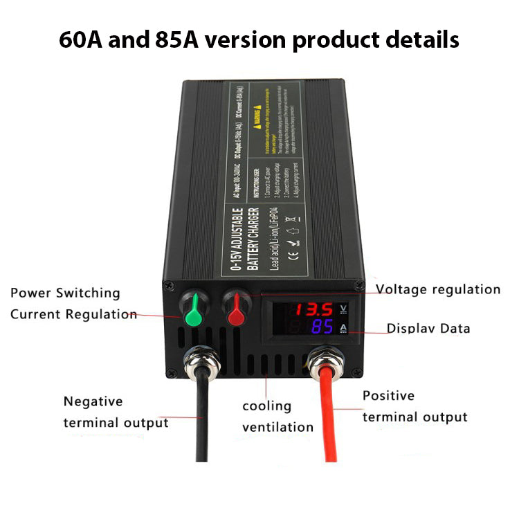 NOEIFEVO Batteriladdare med justerbart spännings- och strömområde 0-15V 1-60A/85A, kompatibel med 3.7V, 6V, 12V litium, LiFePO4 och blybatterier