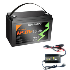 NOEIFEVO 12.8V 100Ah LiFePO4 Lithium Battery, bateria litowa 1280Wh z BMS 100A, 4000+ cykli ładowania, z ładowarką 14.6V 20A, idealna jako źródło zasilania do kampera, łodzi.