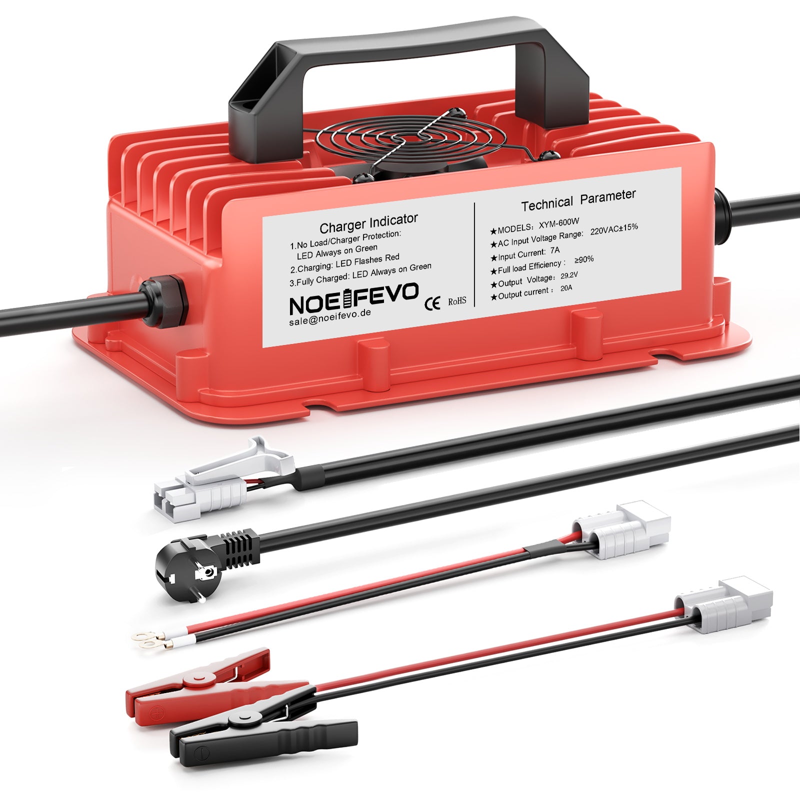 NOEIFEVO 29.2V 20A מטען סוללות LiFePO4 עמיד למים עבור 25.6V(24V) 8S ליתיום סוללת, 0V BMS הפעלה, עם הגנה מלאה