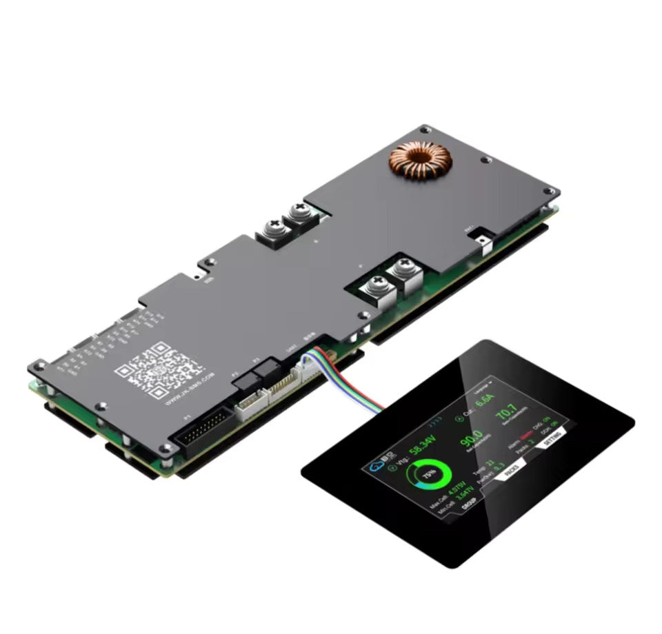 Batterij-BMS met 4,3-inch display, intelligente actieve BMS 8S–16S 200A 24V–48V Li-Ion/LiFePO4/LTO 2A batterij-energiebalancer met Bluetooth, CAN/RS485