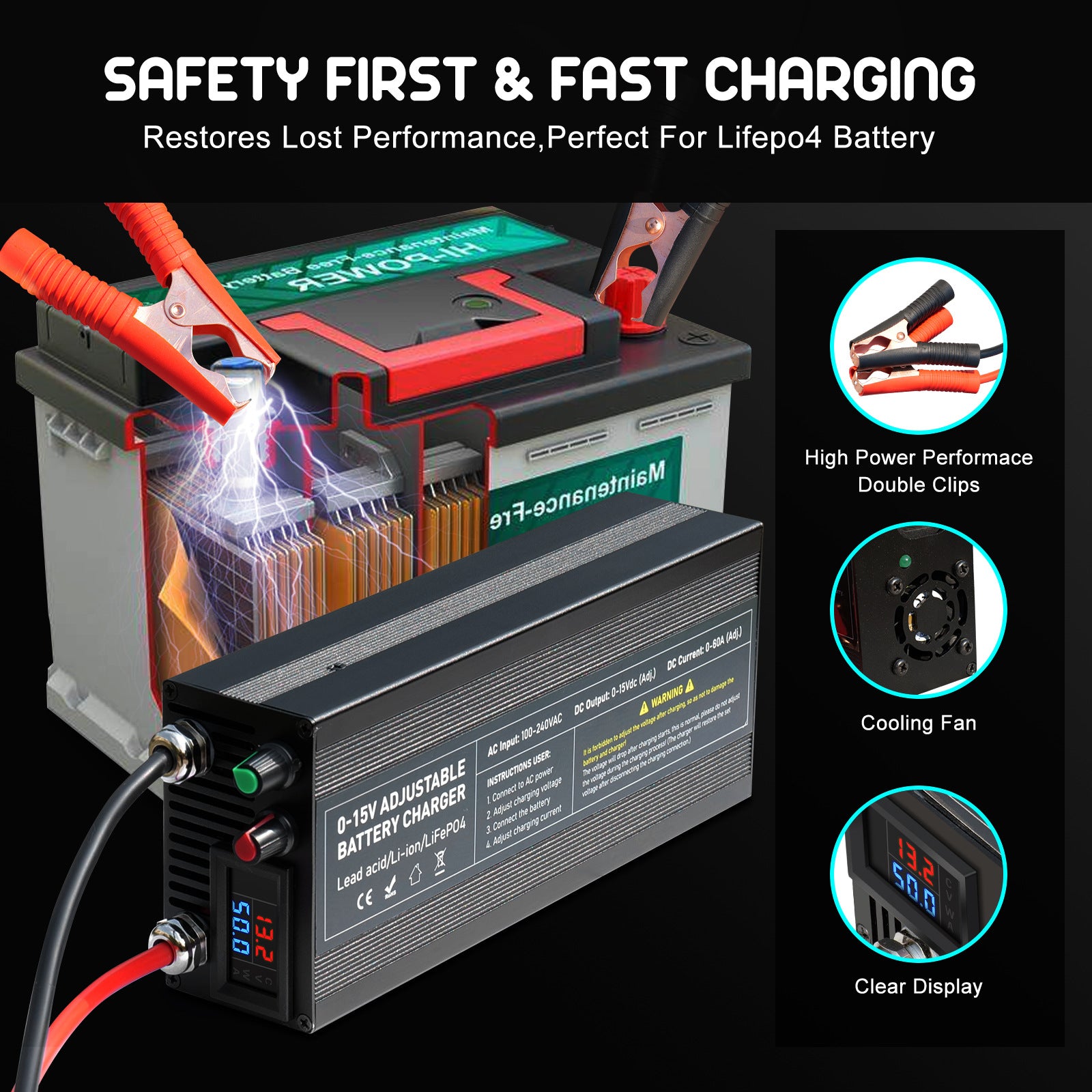 NOEIFEVO Batteriladdare med justerbart spännings- och strömområde 0-15V 1-60A/85A, kompatibel med 3.7V, 6V, 12V litium, LiFePO4 och blybatterier