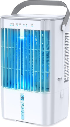Mobilní klimatizace 4 v 1, úsporný mini ochlazovač vzduchu s velkou nádrží na vodu (1200 ml), 3stupňové odpařovací chlazení, 7barevné LED osvětlení, časovač a nízká hlučnost pro home office a ložnici