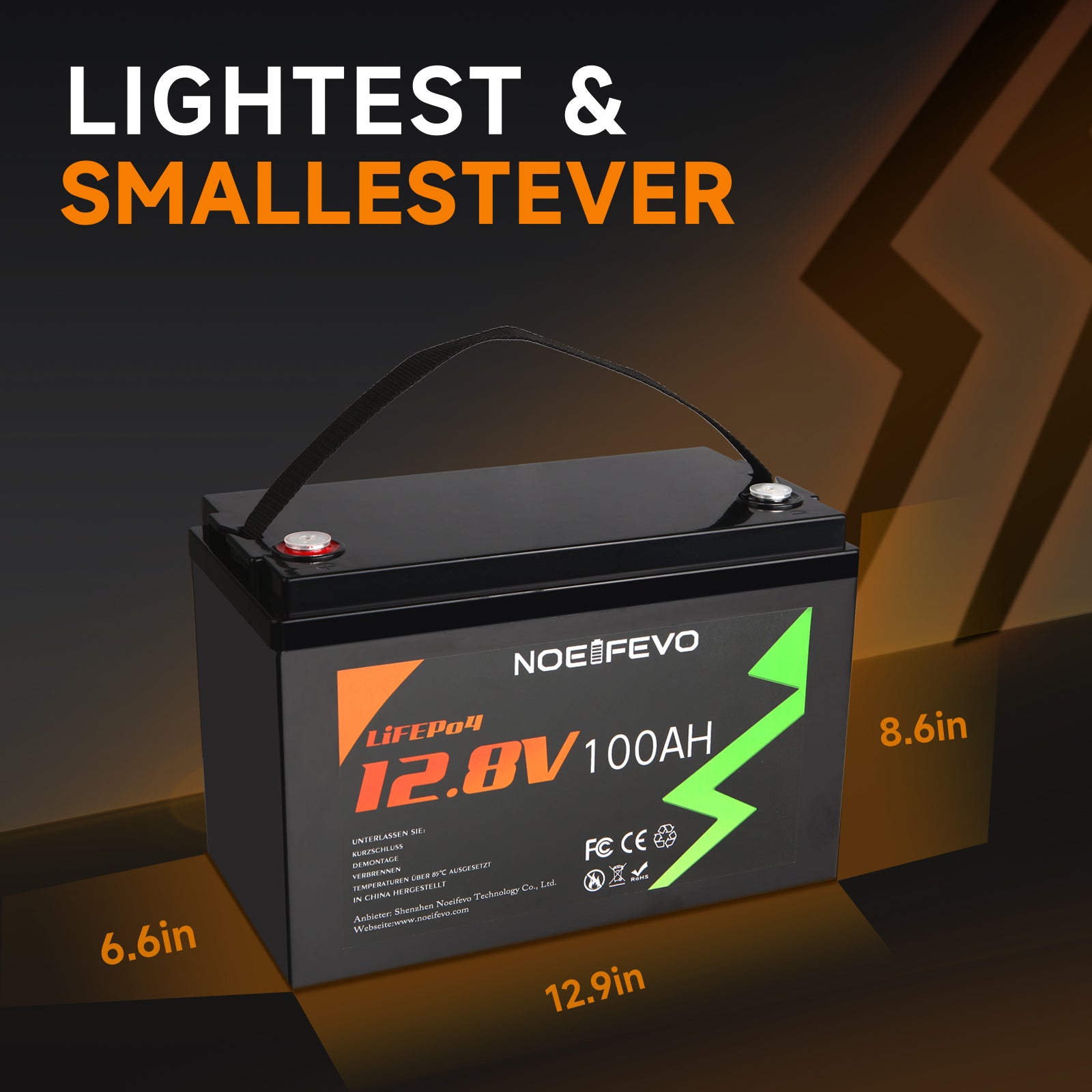 NOEIFEVO 12.8V 100Ah LiFePO4 Lithium Battery, Fully charged in 2 hours with 14.6V 50A charger, 4000+ charge cycles, , perfect as power source for motorhome, boat.