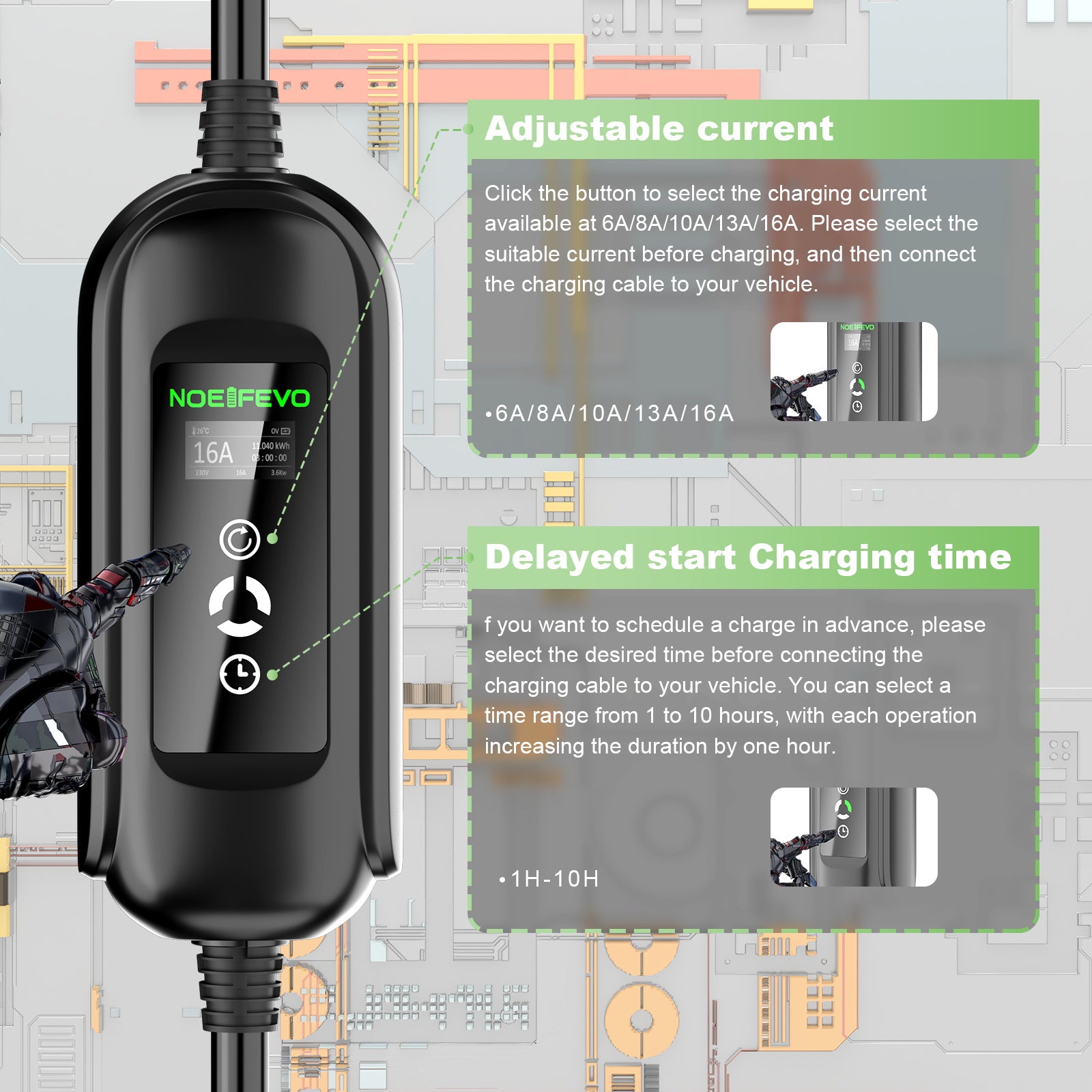 Typ 2 Mobile EV laddningskabel med Schuko-adapter, 11KW 16A 3 fas laddningsstation för elektriska fordon